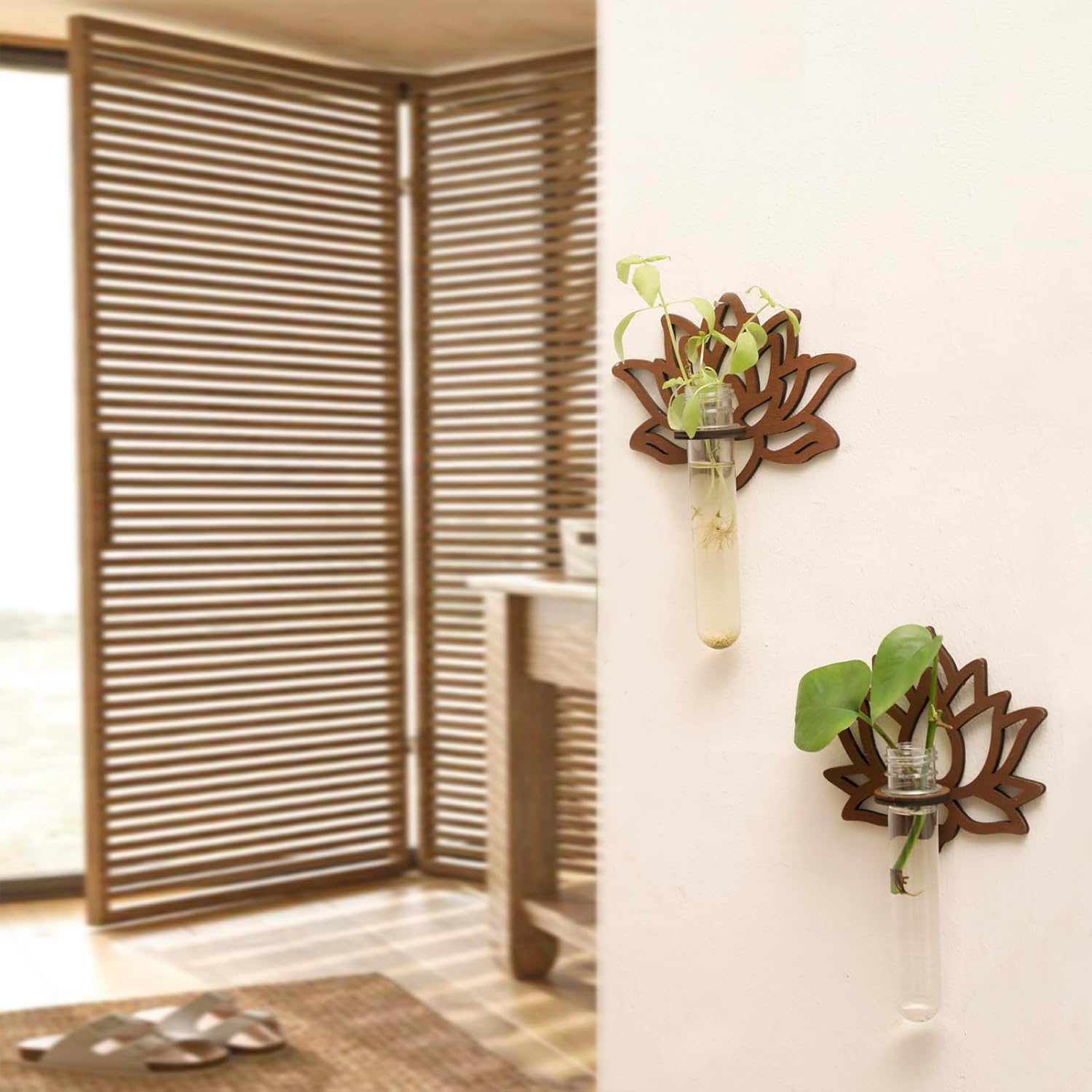 Artilady 2 Pack Plant Propagation Station Lotus Flower Wall Hanging Wood Plant Terrarium for Hydroponics Home Office Decor Test Tube Propagate Air Cutting Holder - Image 2