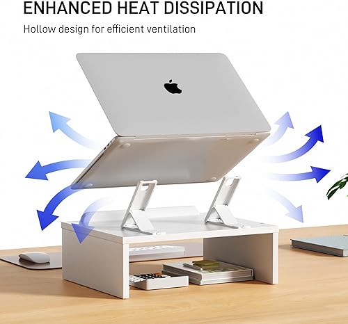 Miniatura 6 de Soporte ajustable de madera para portátil con espacio de almacenamiento, organizador de cuaderno y elevador ergonómico para computadora,