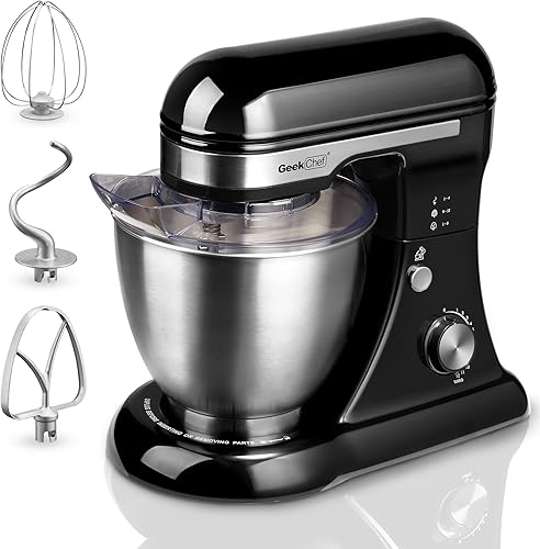 Miniatura 10 de Batidora eléctrica de pedestal Geek Chef, mezclador de alimentos de 4.8QT con 12 velocidades, cabezal inclinable con gancho para masa, batidor,