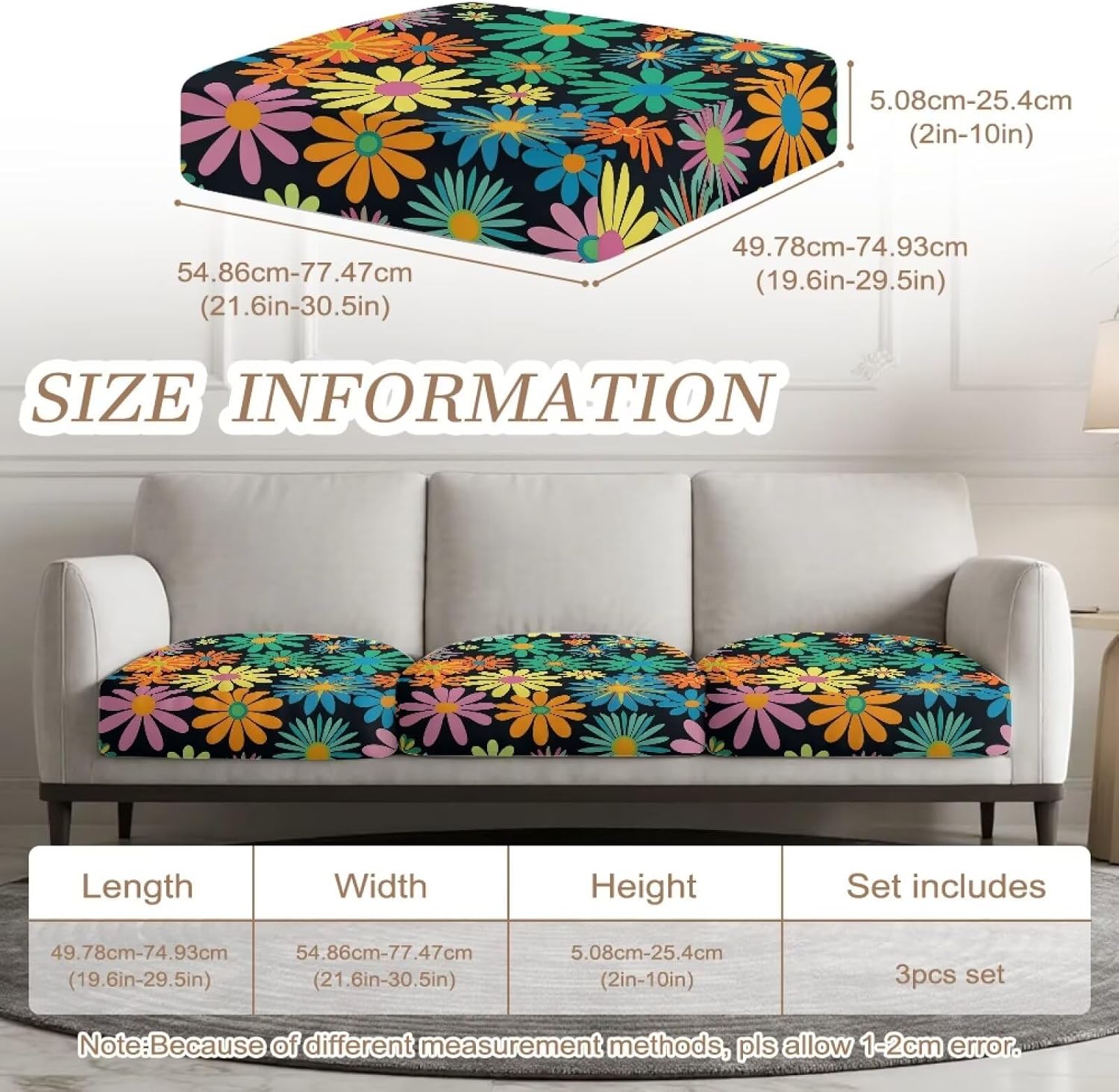 GLENLCWE Hippie Flower Couch Cushion Covers Colorful Sofa Covers for 3 Cushion Couch Couches Furniture Protector for Loveseats, Replacement Armchair Slipcover High Stretch