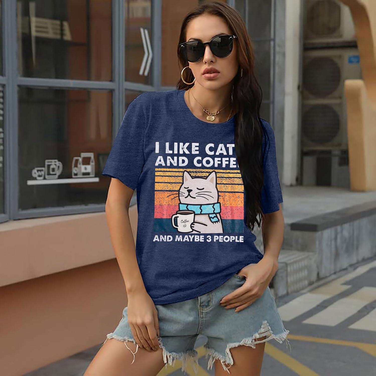 Cat Shirt I Like Cats and Coffee and Maybe 3 People Graphic T-Shirt Vintage Cat Lover Shirts Retro Coffee Lover Gift Tee Tops - Image 4