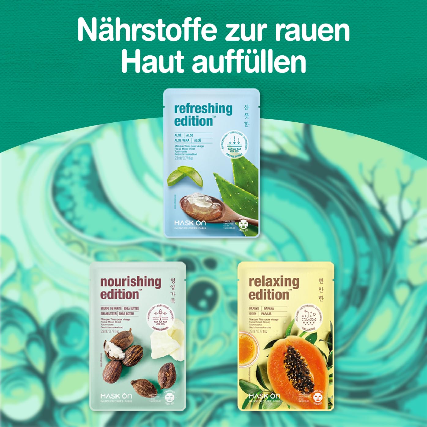 [MASK ON] Koreanische Gesichtsmaske mit Reichhaltigem Serum (20 Stück) – Intensive Feuchtigkeit und Nährstoffversorgung für Ihre Haut, mit 10 einzigartigen Effekten für jeden Hauttyp