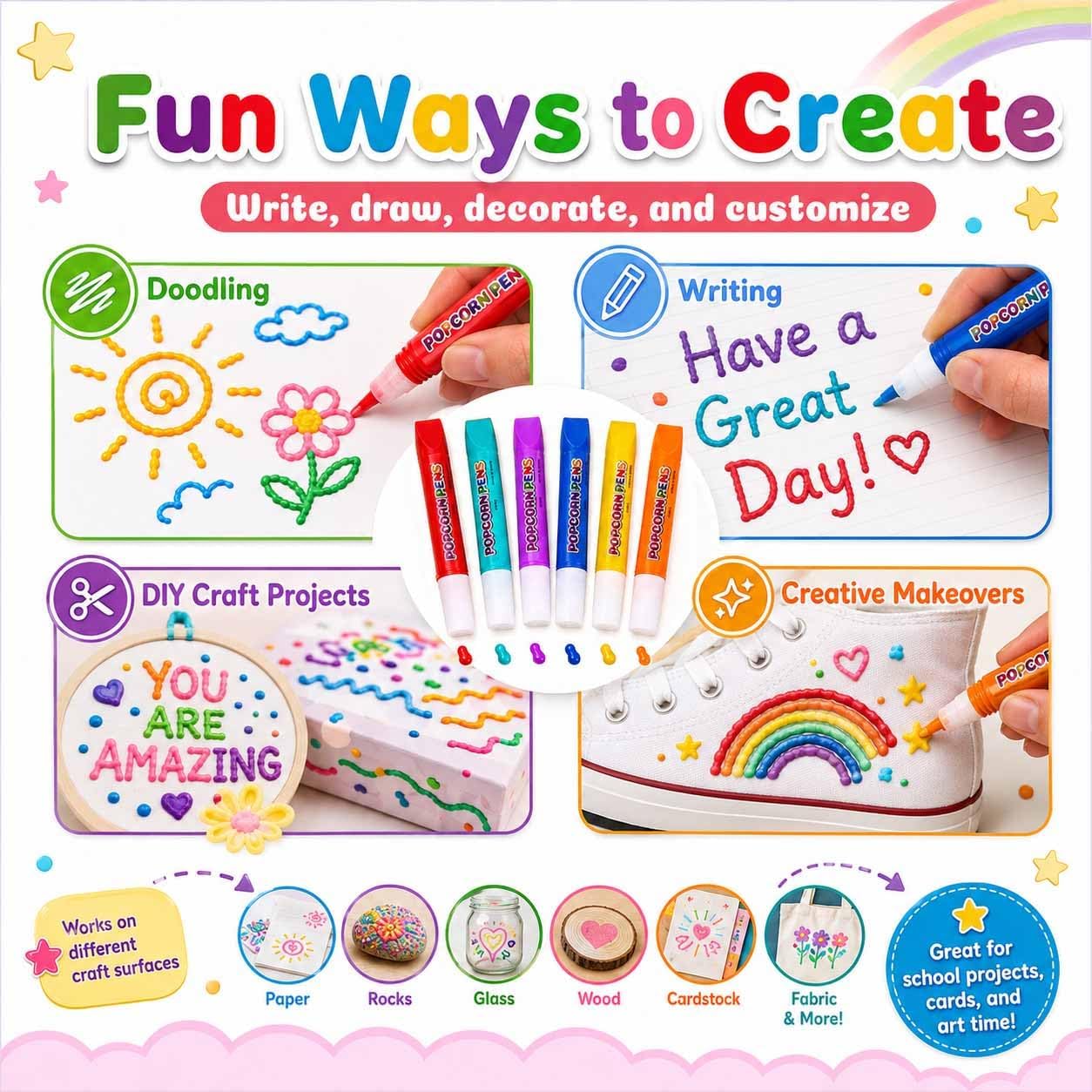 Popcorn Pens, 2026 New Popcorn Pen Puffy, 3D Drawing Kit for Kids, Create Fun Textured Artwork on Cards and Crafts, Creative Activity Supplies for School Projects and Gifts (12pcs,3 Box)