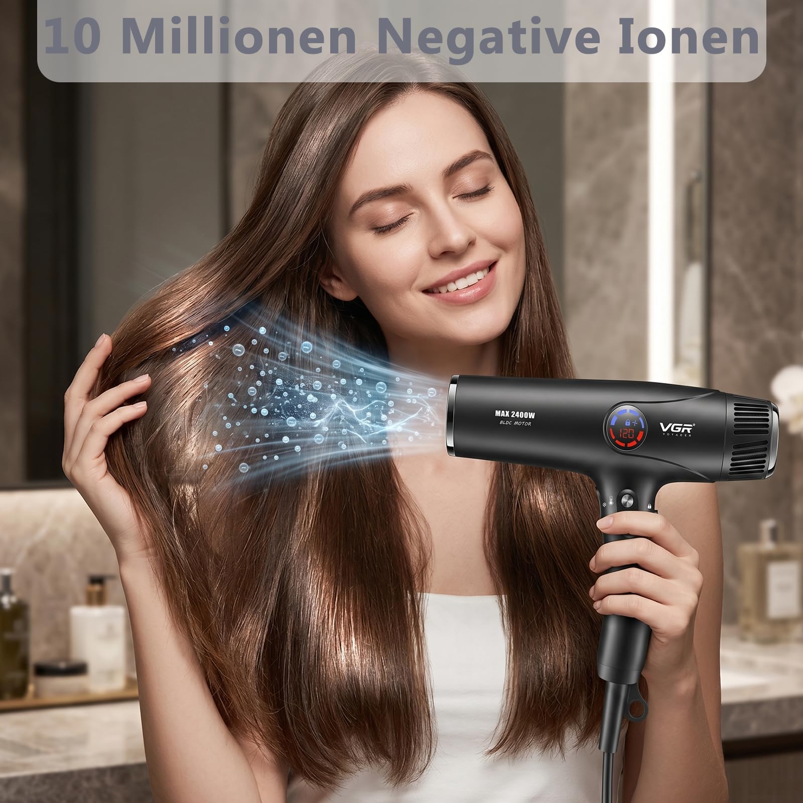 VGR 469 Haartrockner Professioneller Mit 2400W BLDC Motor | Föhn Mit Diffusor Für Schnellkühltaste, Hair Ddryer Mit 4 Temperatur, LED Display, Haarföhn Mit Sperrfunktion
