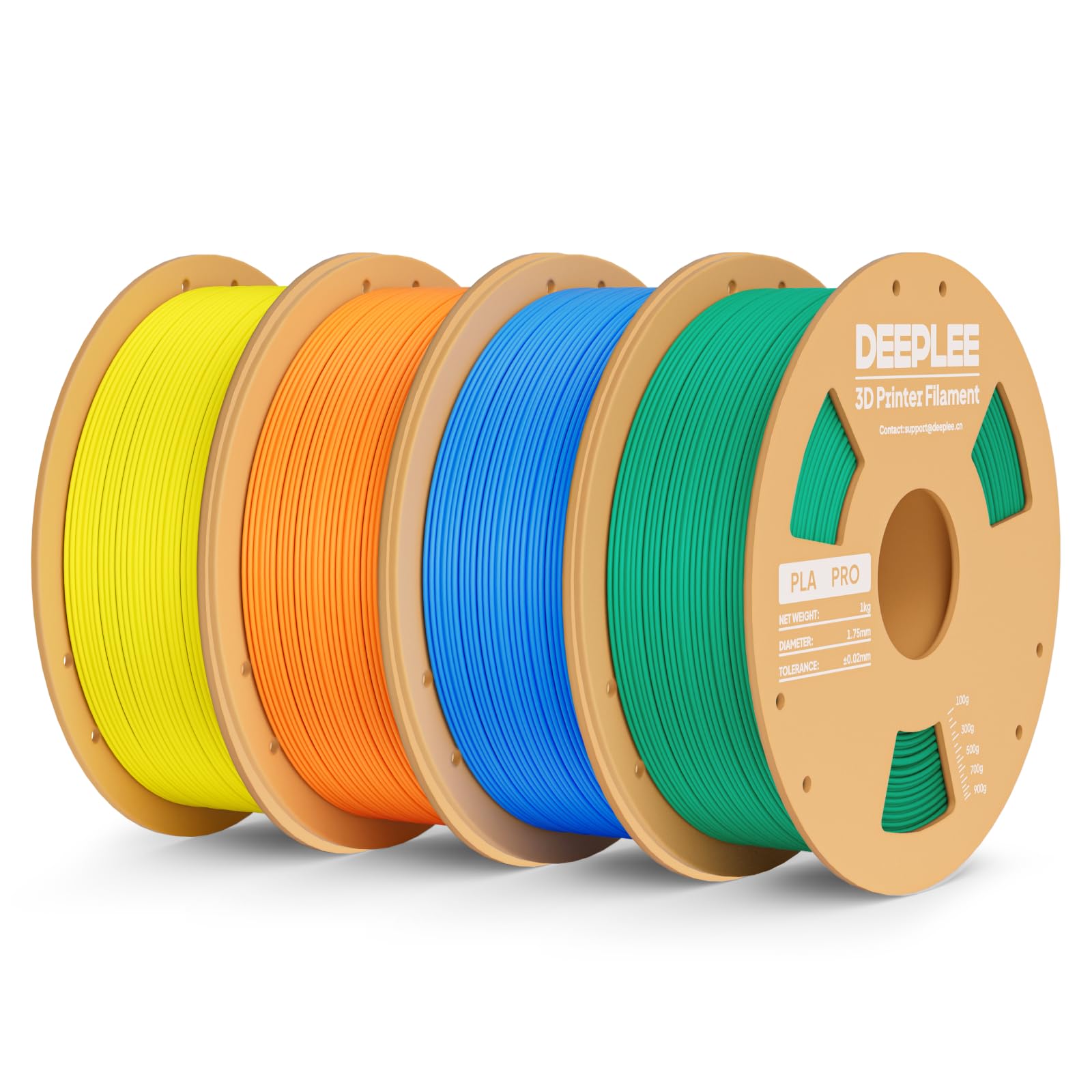 DEEPLEE PLA Pro 1.75 mm, Kit 4 Bobinas, 4 colores | Amarillo, Naranja, Azul Cielo y Verde, Alta tenacidad. Precisión ±0.02 mm. Bobinado preciso. Compatible con FDM