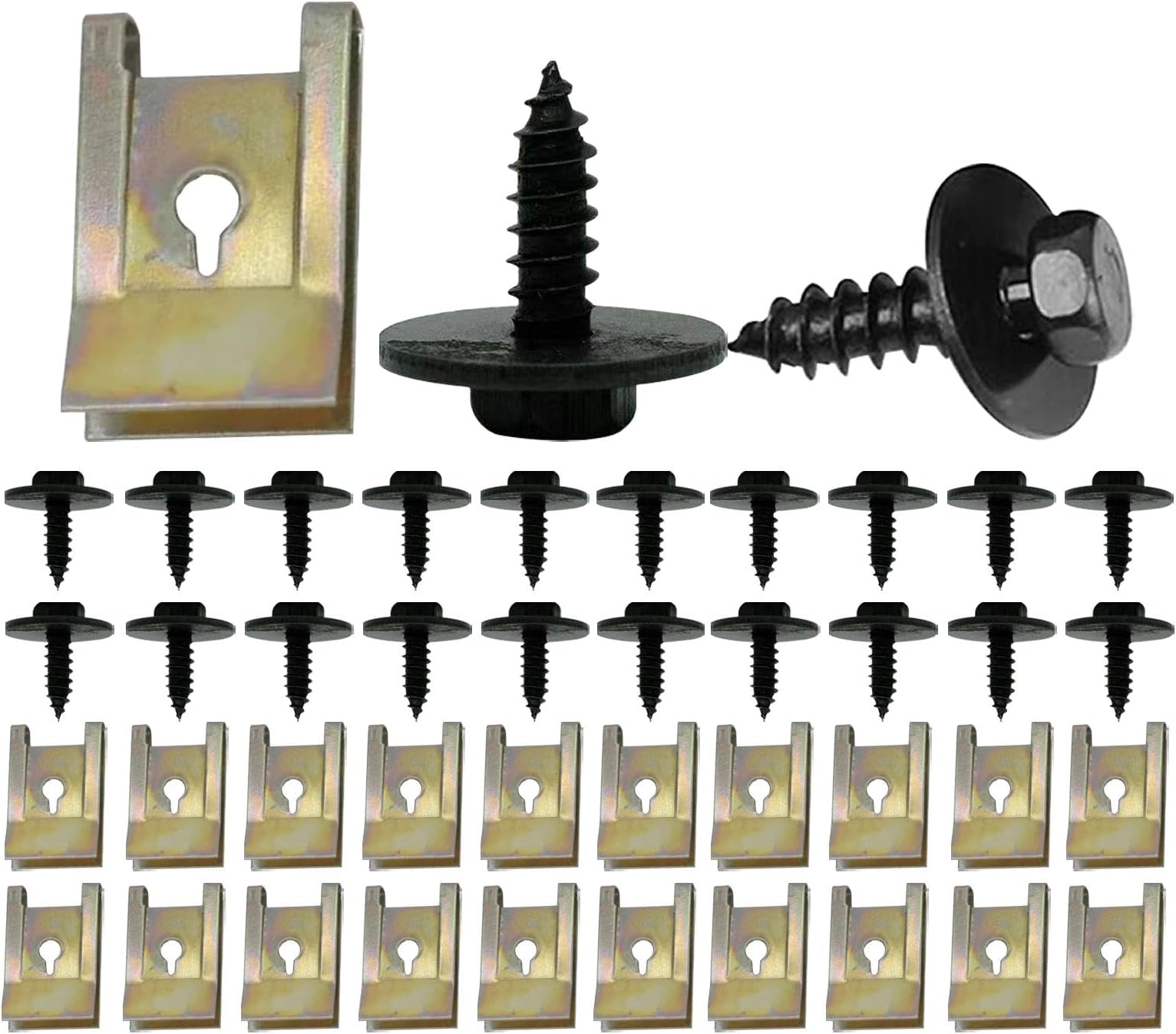 40 Pcs Screw and Nut Clip Kit, 20 Pcs Auto Body Mudguard Screws and 20 Pcs Bumper Guard Plate Fixing Bolts, Metal U-type Fastener Clip with Hex Head Fixed Car Mudguard Replacement Parts