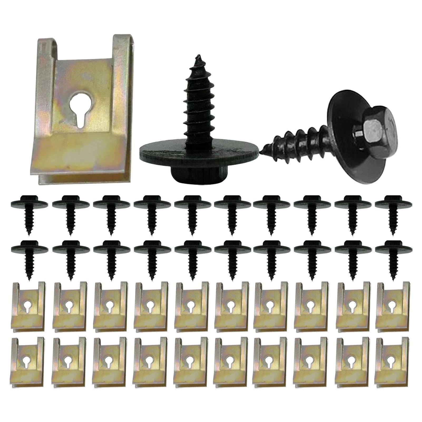 40 Pcs Screw and Nut Clip Kit, 20 Pcs Auto Body Mudguard Screws and 20 Pcs Bumper Guard Plate Fixing Bolts, Metal U-type Fastener Clip with Hex Head Fixed Car Mudguard Replacement Parts