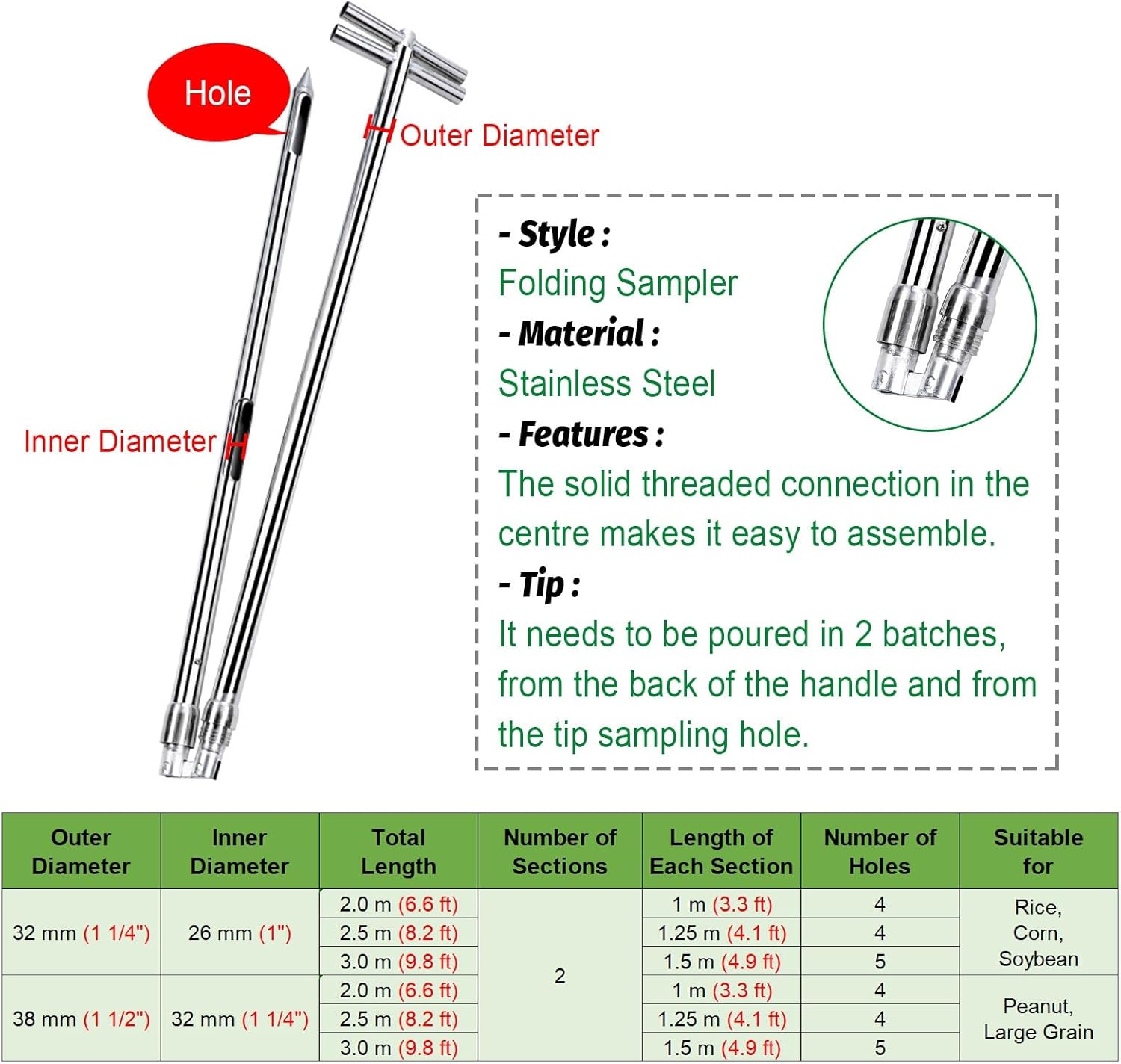 Foldable Stainless Steel Grain Sample Probe - 32mm Diameter, 3.0m Length, Perfect Tool for Sampling Wheat, Rice, Feed, Fertilizer, and Cement Granules (Dia 32mm (1 1/4"))