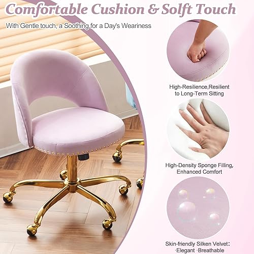 Vista 14 de VINGLI Silla de oficina pequeña de terciopelo moderna, bonita silla de escritorio con ruedas, base dorada/tachuelas, cómoda silla giratoria sin Beige