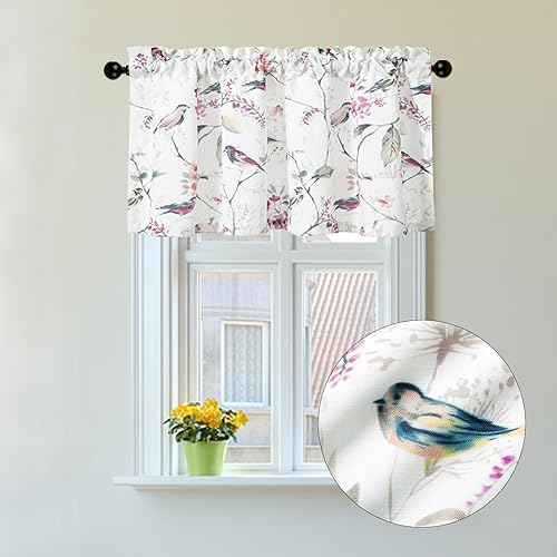 Miniatura 224 de VOGOL Cenefas con patrón de pájaros para ventanas de cocina, cenefa texturizada de lino con estampado floral y pájaros para ventanas pequeñas