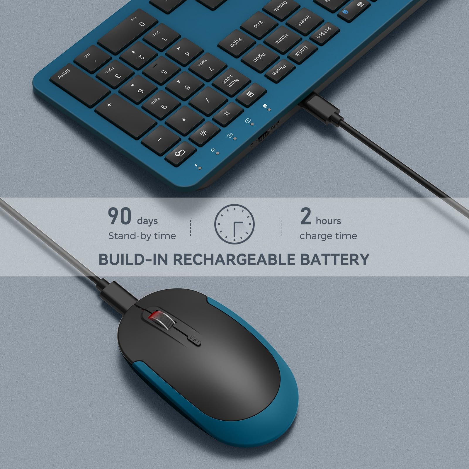 seenda Rechargeable Wireless Keyboard Mouse Combo - Full Size Cordless Keyboard & Mouse Sets with Build-in Lithium Battery Ultra Thin Quiet Keyboard Mice (Dark Blue)