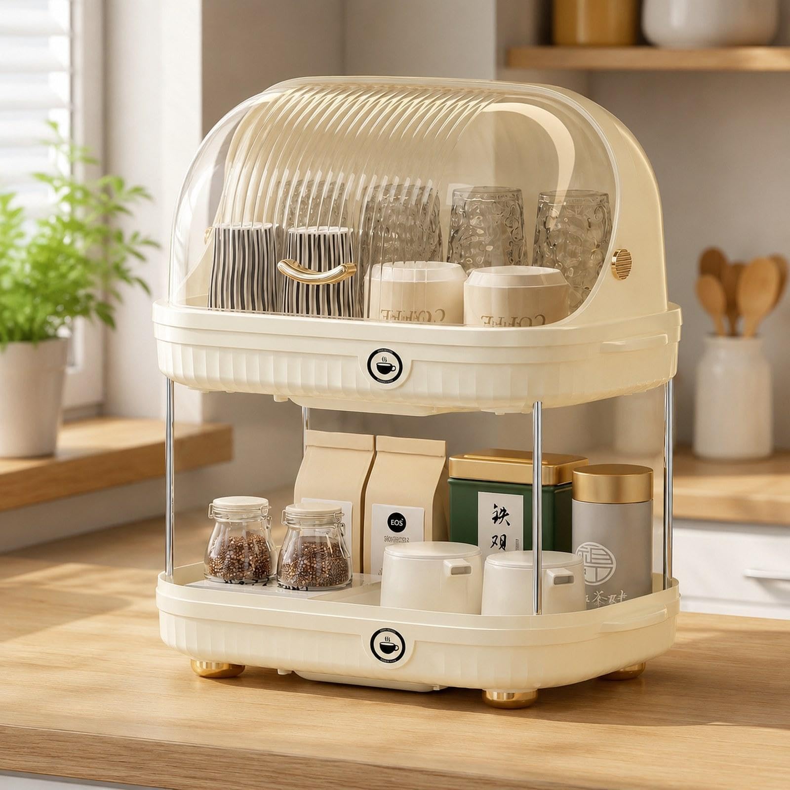 Escurridor de Platos, Bandeja para Cubiertos, Soporte Multifuncional de Dos Niveles para Botellas con Tapa para Vasos, Beige, Individual