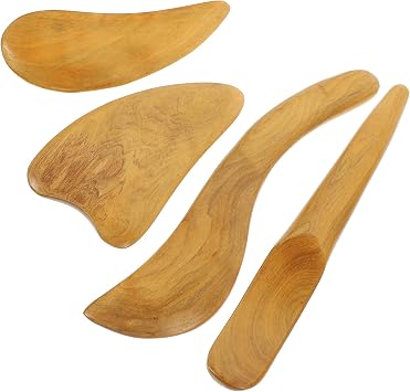 LALAFINA 4-piece Wood Gua Sha Tool Set Facial Massage Scraper for Face Body Relaxation Smooth Edges 7.08 X 1.37 X 0.35 in Use with Lotion and Essence
