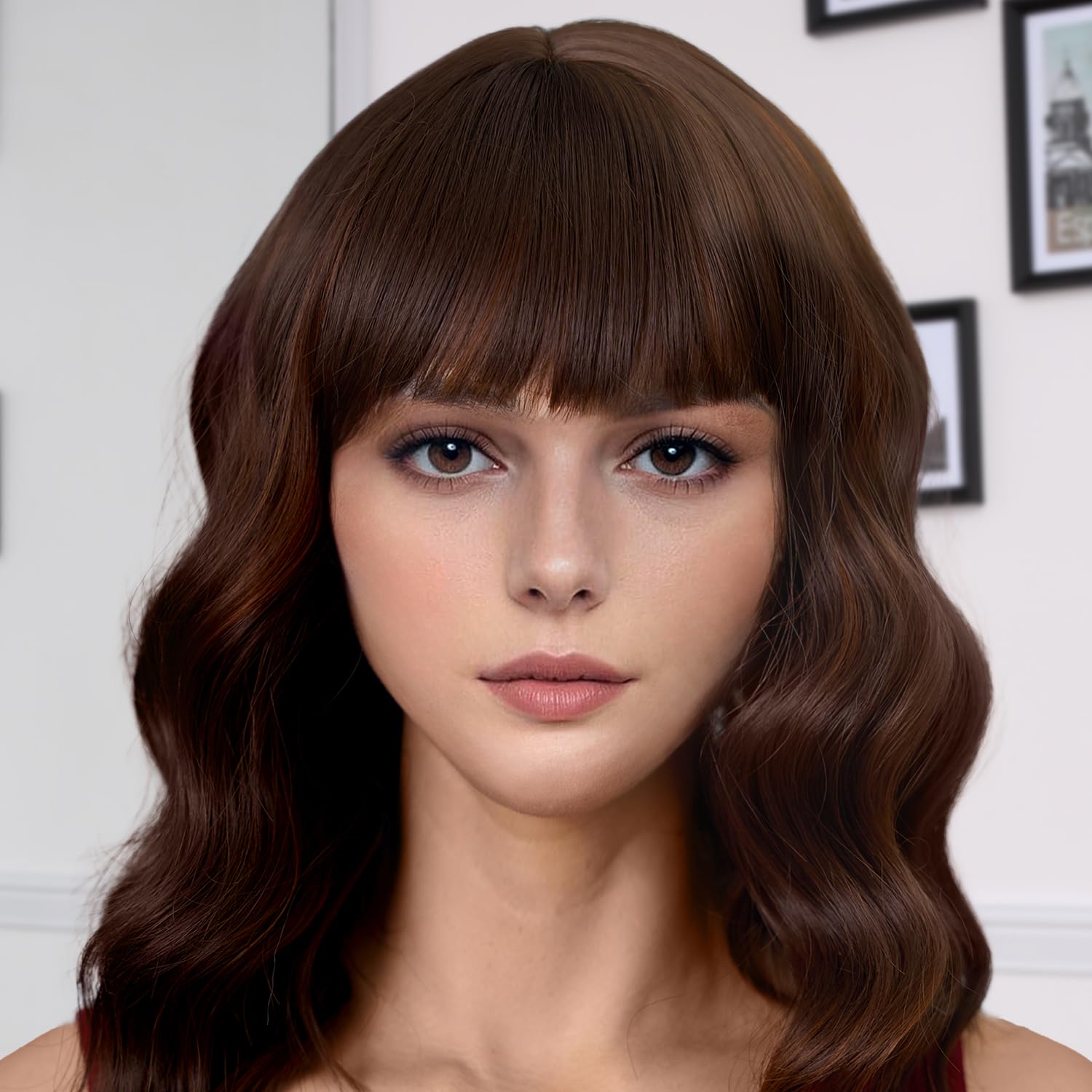 VODOZAVA Short Bob Wig with Bangs Wigs for White Women Synthetic Heat Resistant Wavy Wigs for Women (BrownHighlight)