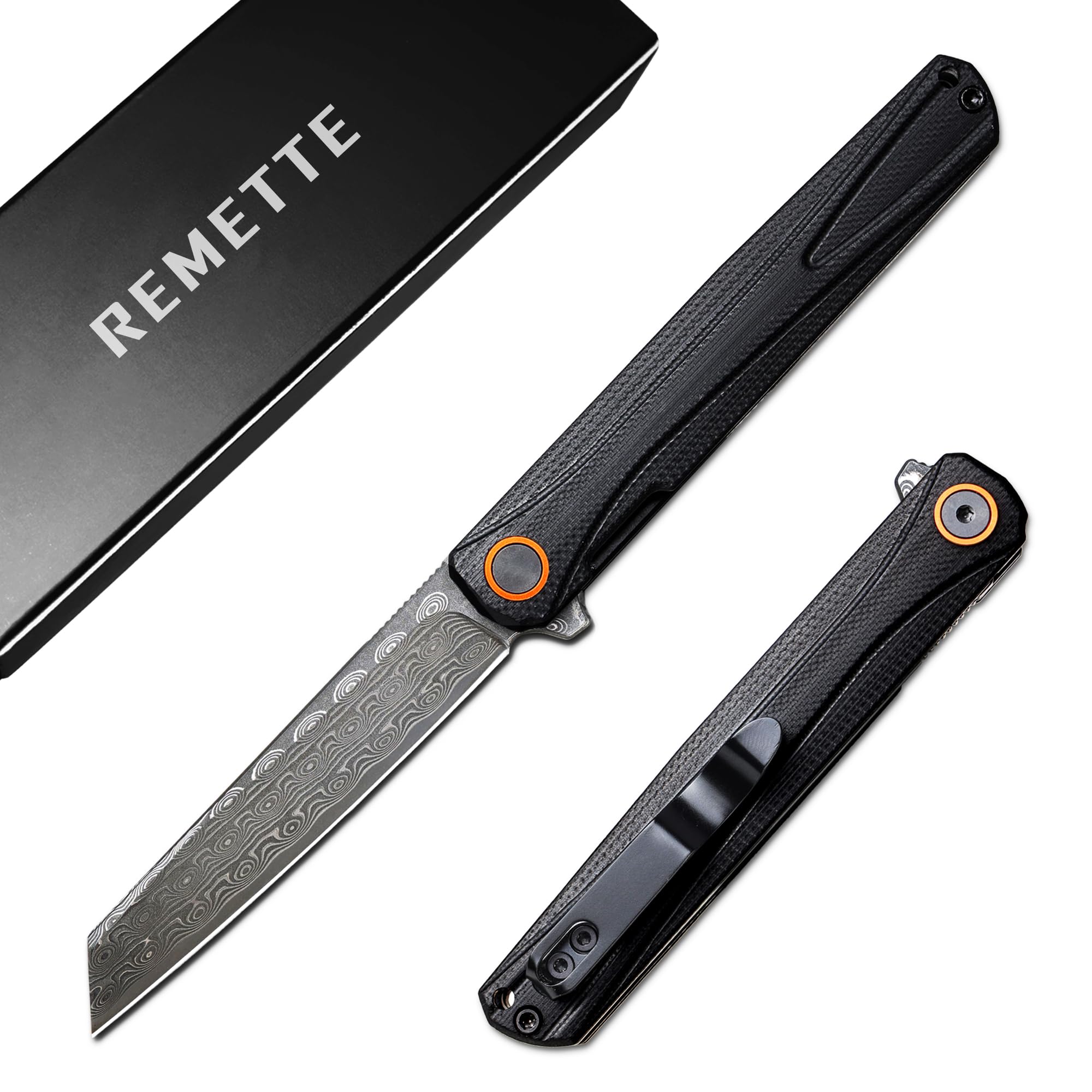 REMETTE Canyon EDC Folding Pocket Knife, 3.2" Damascus Steel Tanto Blade