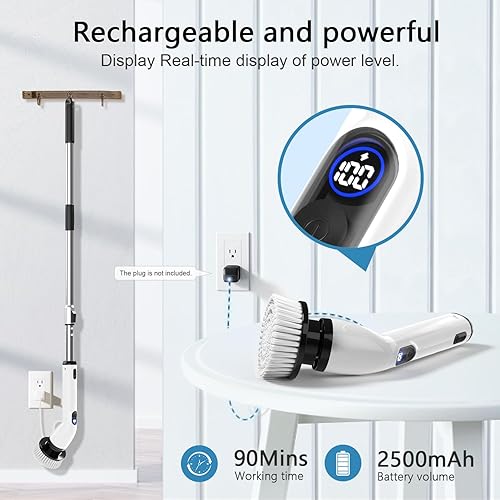 Miniatura 5 de Limpiador eléctrico giratorio, 2024 nuevo limpiador de baño impermeable IPX7 con pantalla LCD de potencia, mango de extensión ajustable, cepillo de