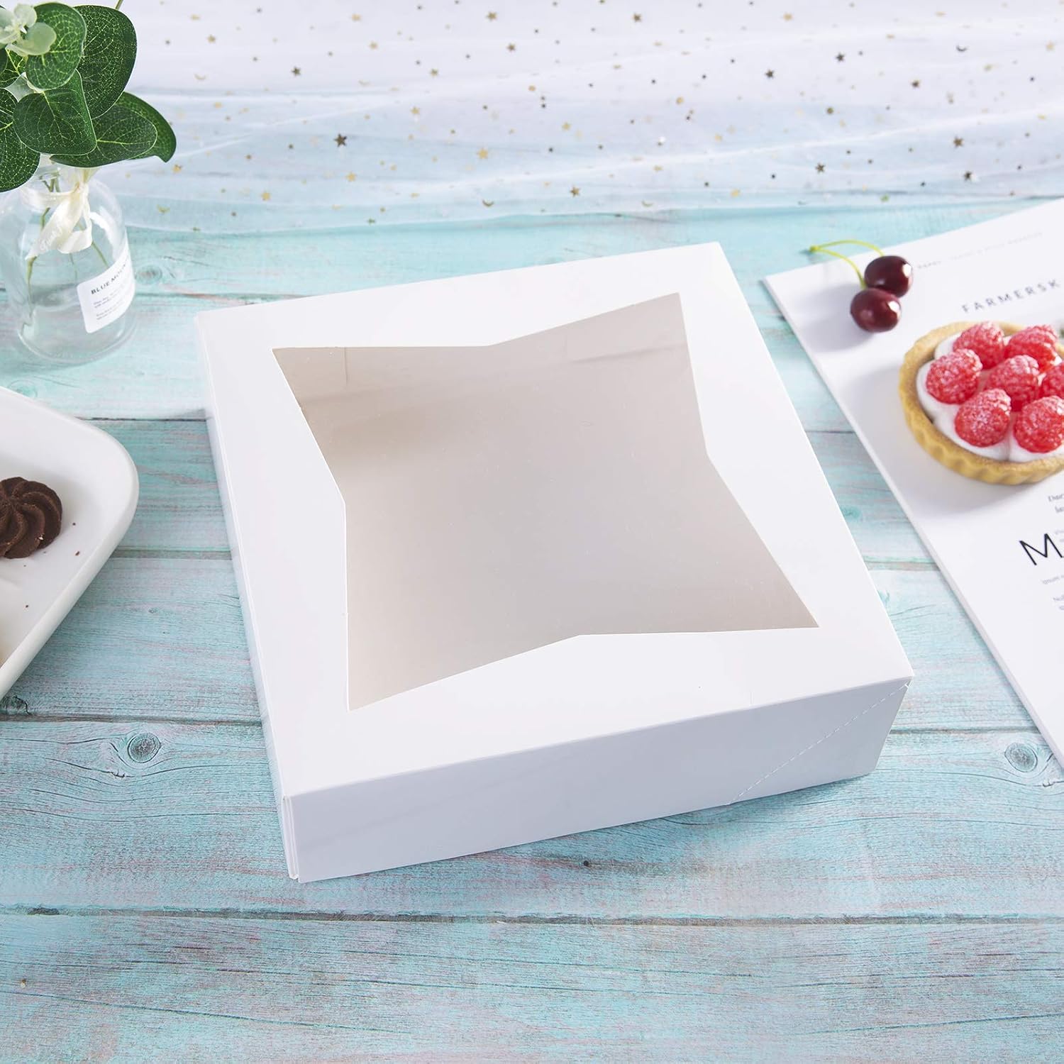[15pcs]10inch Natural Kraft Bakery Pie Boxes with PVC Windows,Large Cookie Box 10x10x2.5inch Pack of 15 (White, 15)