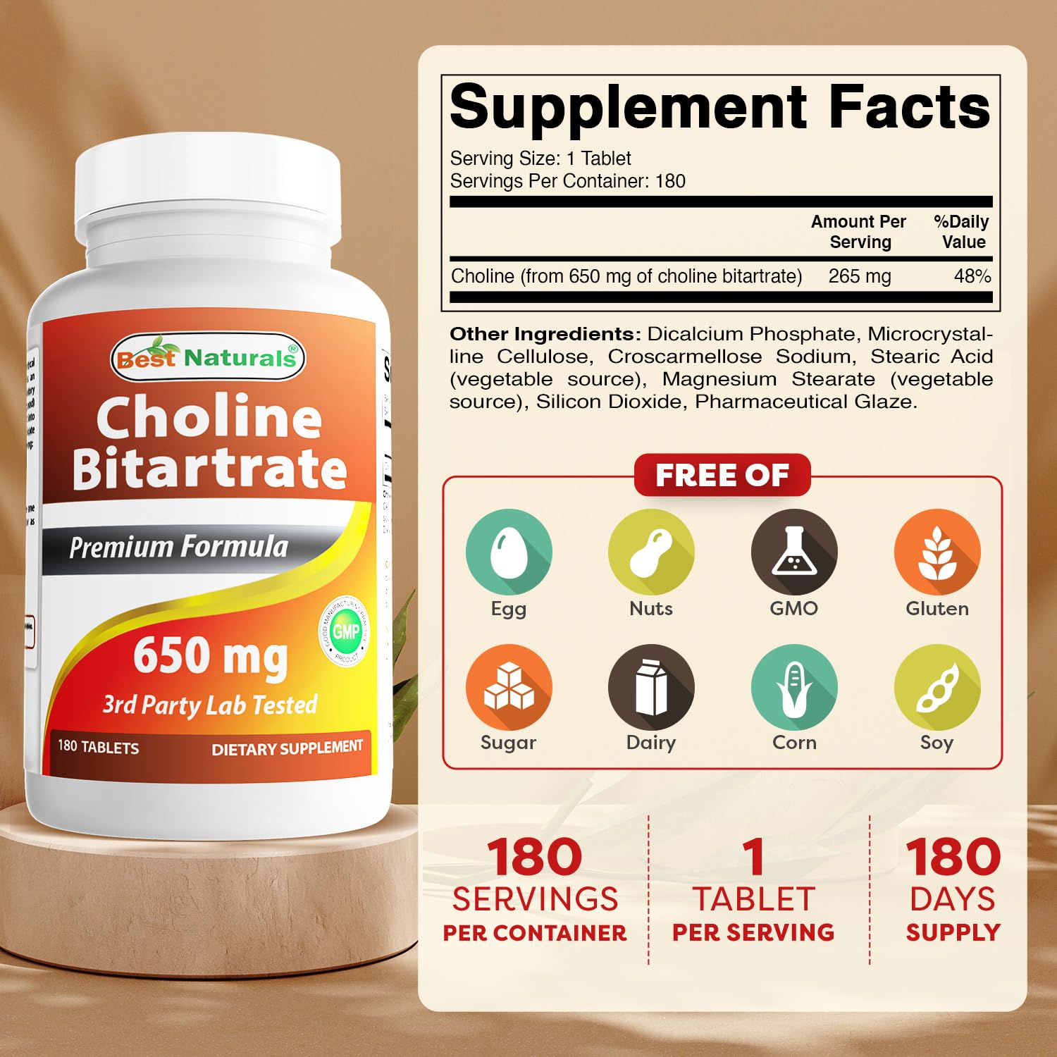 Best Naturals Choline Bitartrate 650 mg (Non-GMO) for Healthy Cognitive Brain Function 180 Tablets — Amazon image 2