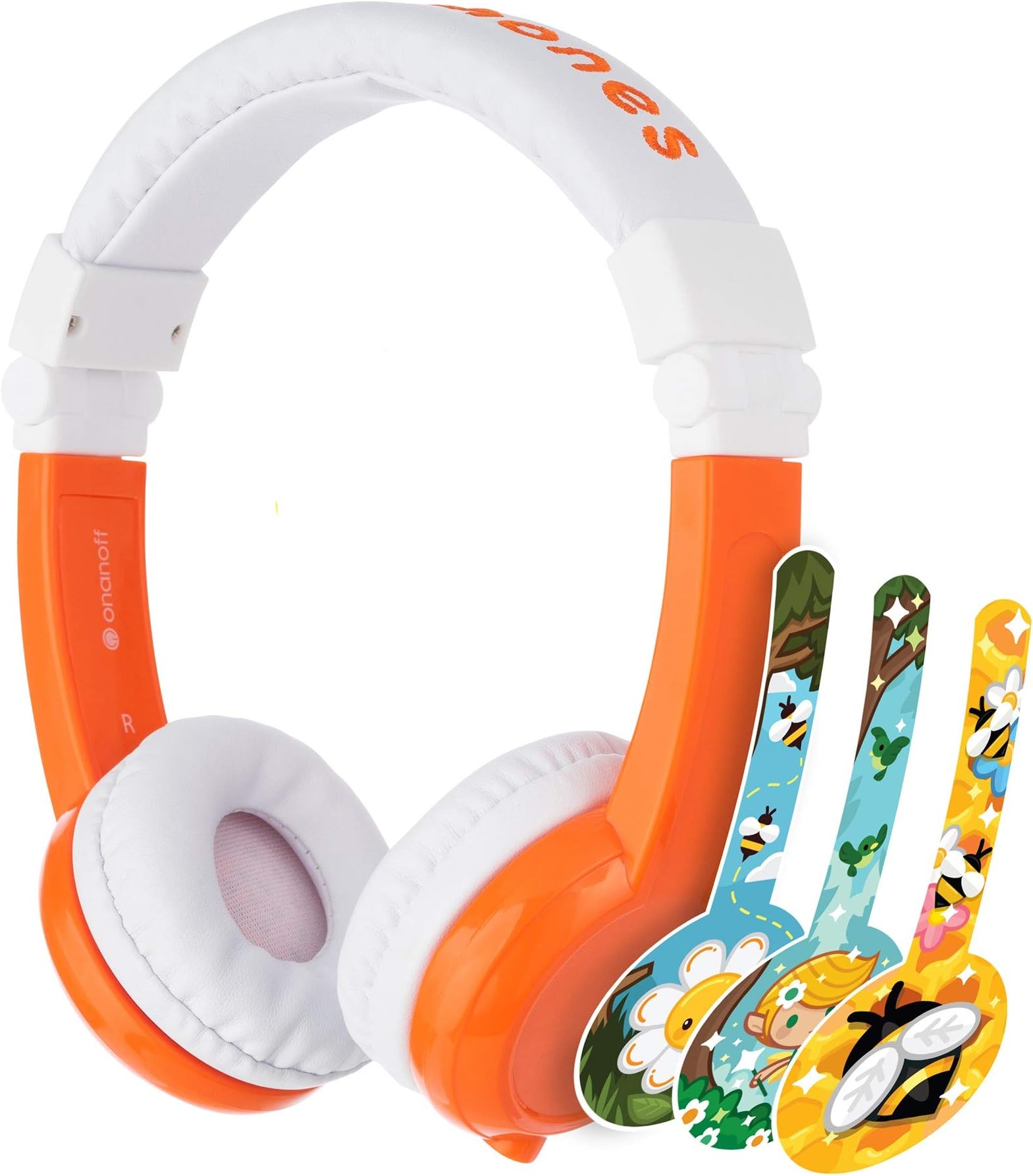 ONANOFF BuddyPhones Explore Foldable - Kids Volume Limiting Headphones - Built-in Audio Sharing Cable and in-Line Mic - Compatible with Fire, iPad, iPhone, and Android Devices - Orange, Bluetooth