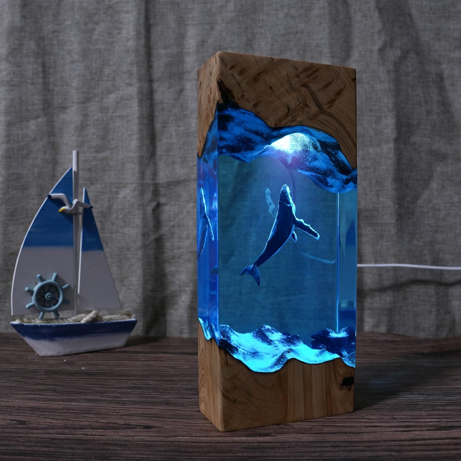 FGJtguE Woods lamp, with Multiple Marine Themes,Handcrafted Epoxy Wood Night Light for Desk Decor,Birthday Lovers(H)