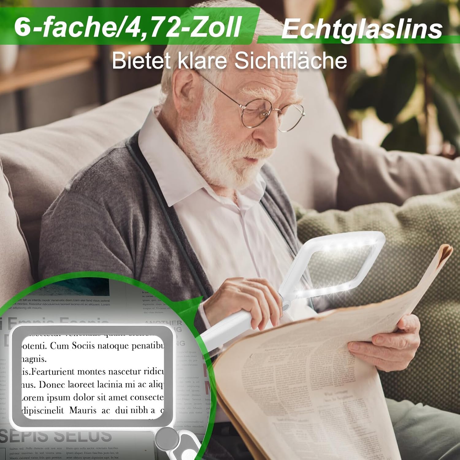 Wiederaufladbares 6-faches Vergrößerungsglas zum Lesen - Handliches Seitenvergrößerungsglas mit Licht für Sehbehinderte Senioren - Leichtgewichtige LED-Lupe zum Lesen/Zeitungen/Kleingedrucktem