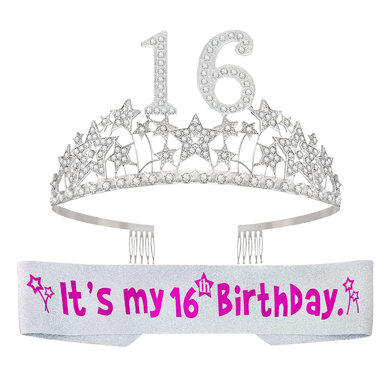 EBE EmmasbyEmma 16th Birthday Sash and Tiara for Girls - Fabulous Set: Glitter Sash + Starry Sky Rhinestone Silver Premium Metal Tiara, 16th Birthday Gifts for Sweet 16 Birthday Party