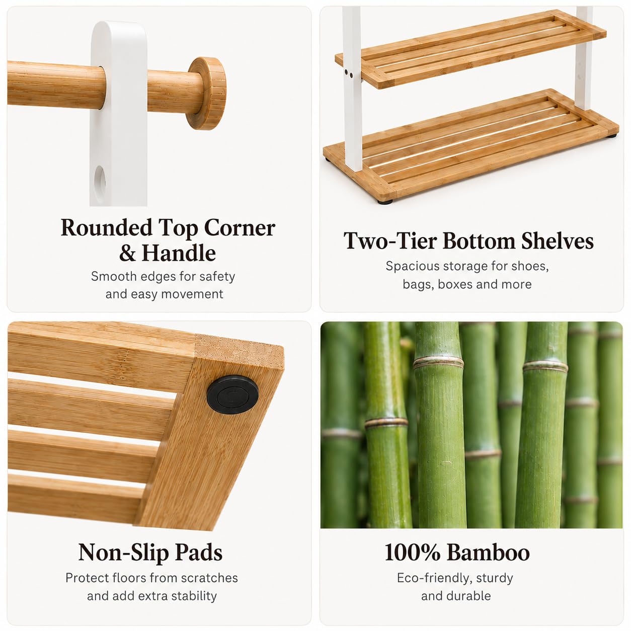 BAMBOOHOMIE Kindergarderobe mit 2 Aufbewahrungsboxen, Kleiderständer Kinder aus Bambus mit verstellbarer Stange & Ablagen, Kleiderständer für Kinderzimmer, Spielzimmer (Weiß)