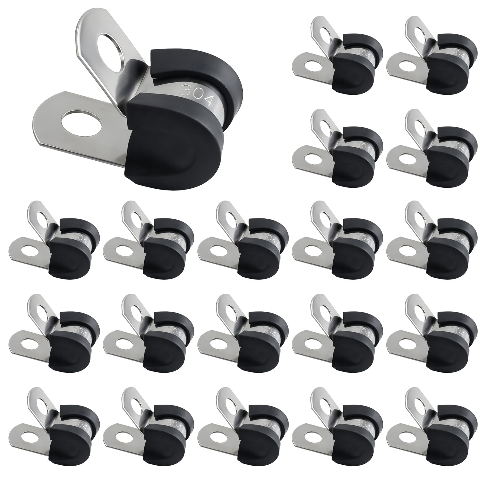 20PCS Stainless Steel Rubber Lined P Clips, R Shape Hose Pipe Clamps, Rubber Cushioned Pipe Clips, Metal Wire Cable Clamps, Conduit Fixing Clip for Hose, Pipe, Cable, Wire, Tube, Cord Mounting (6mm)