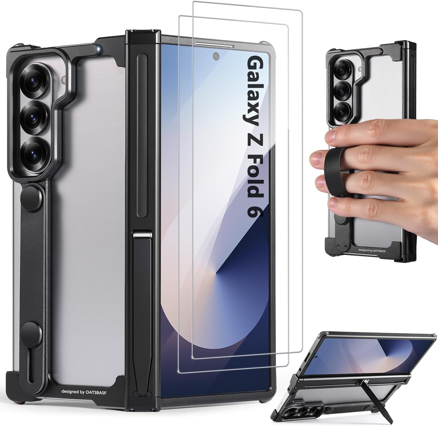for Samsung Galaxy Z Fold 6 Case with Strap & Kickstand, No Back Z Fold 6 Metal Case with Wristband, Slim Bumper Phone Cover for Galaxy Z Fold6 with Screen Protector & Hinge Protector, Black