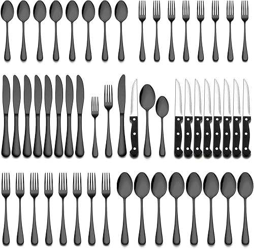 Wildone Juego de cubiertos negros de 48 piezas con cuchillos para carne, cubiertos de acero inoxidable para 8, utensilios de cocina incluyen