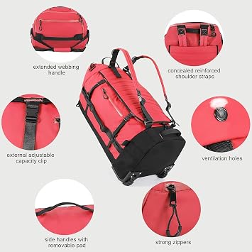 Rolling Duffle Bag with Wheels,86L 30Carry on Luggage with Wheels,Folding Travel Bag,Duffle Backpack with Separate Shoe Compartment (Red)