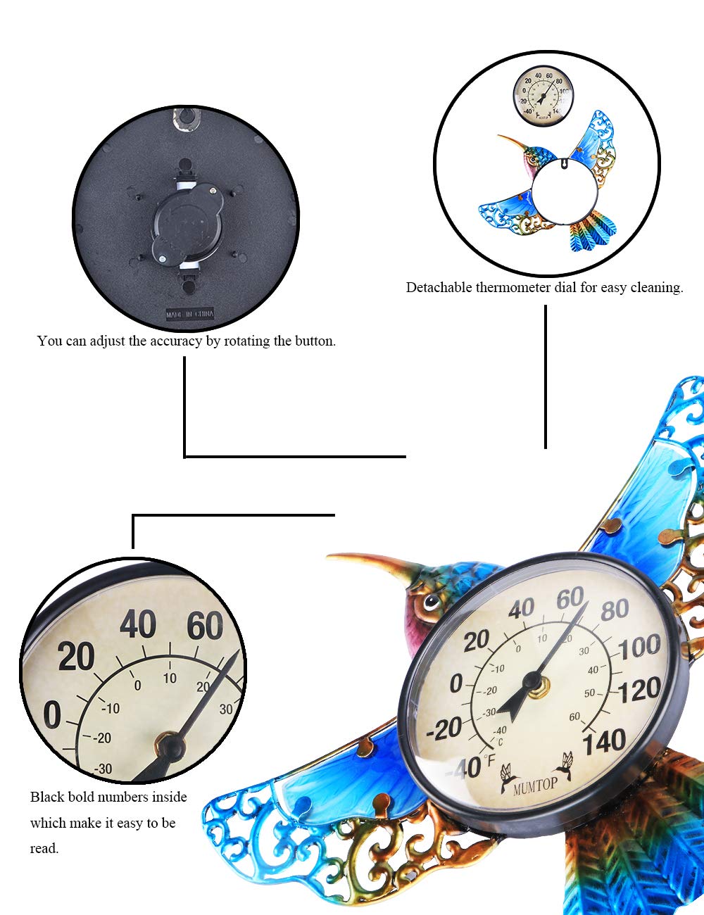 MUMTOP Termometro da parete impermeabile per interni ed esterni, con colibrì e decorazione squisita, non richiede alcuna batteria