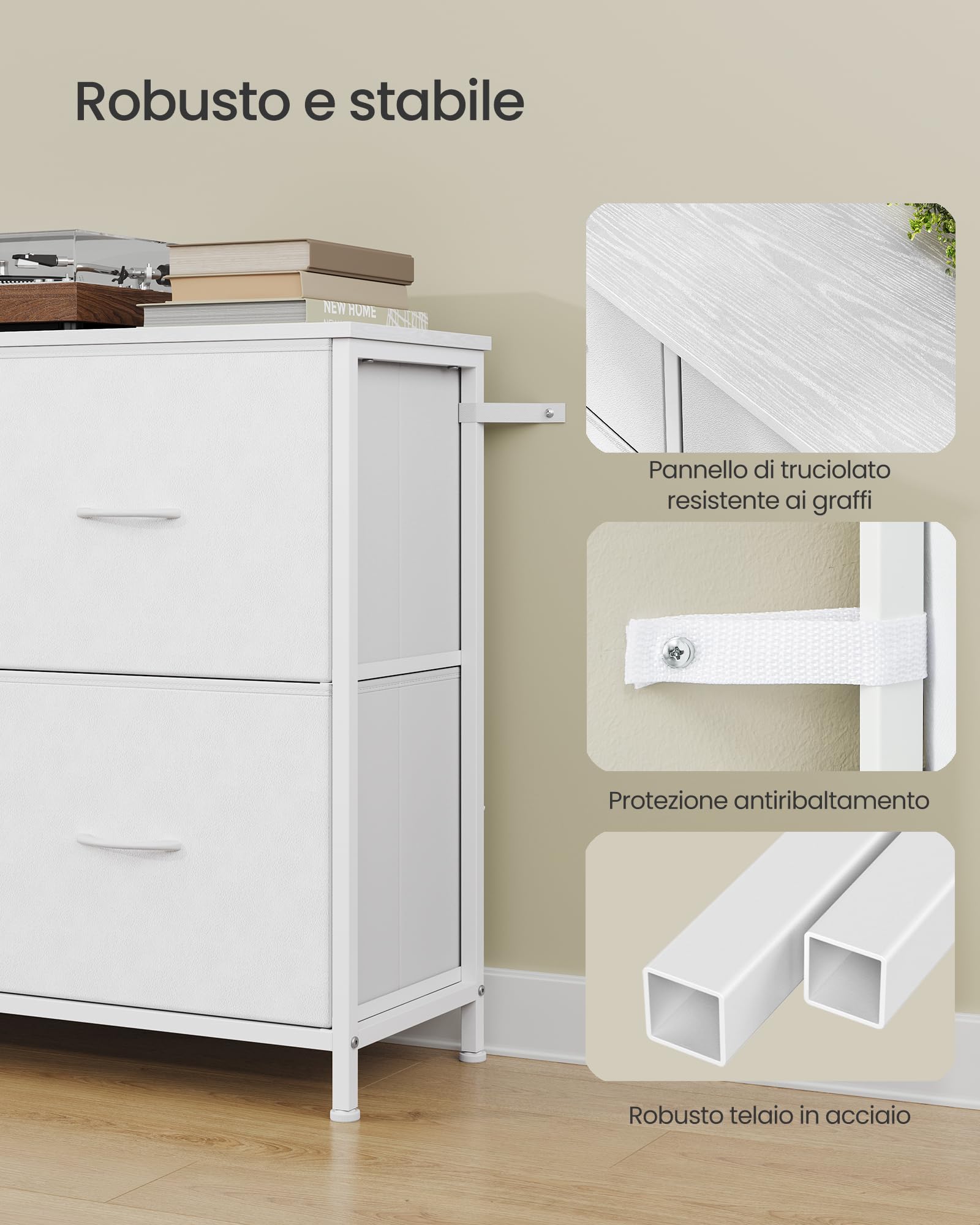 SONGMICS Cassettiera con 5 Cassetti in Tessuto, Struttura in Acciaio, Mobiletto Portaoggetti, 98,7 x 30 x 74,7 cm, per Camera da Letto, Soggiorno, Bianco Nuvola, Collezione Bellah LGS235W101