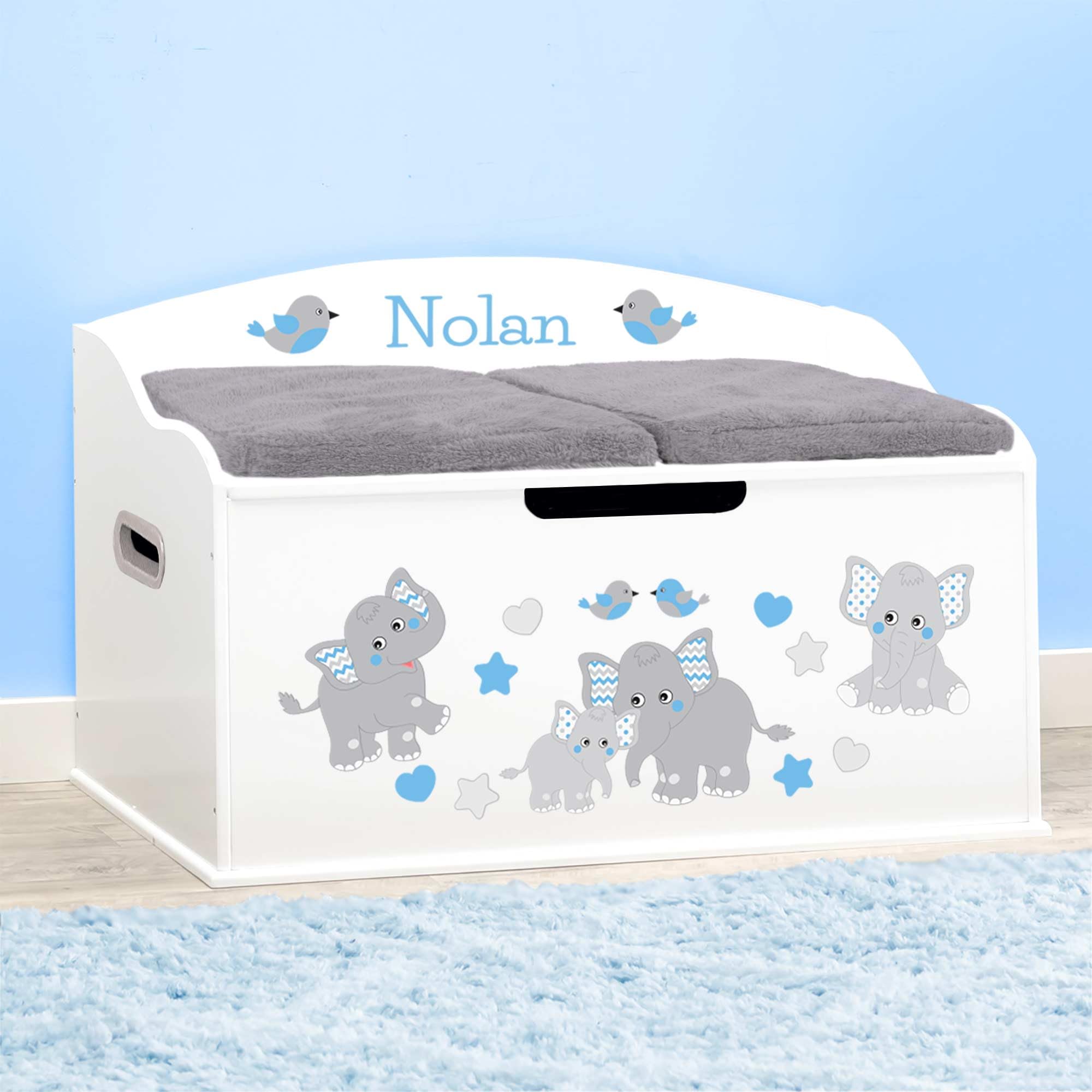 DIBSIES Personalized Creative Wonders Toy Box, Blue Elephants, 30 x 19.25 x 18 inches, Soft-Close Lid (White)