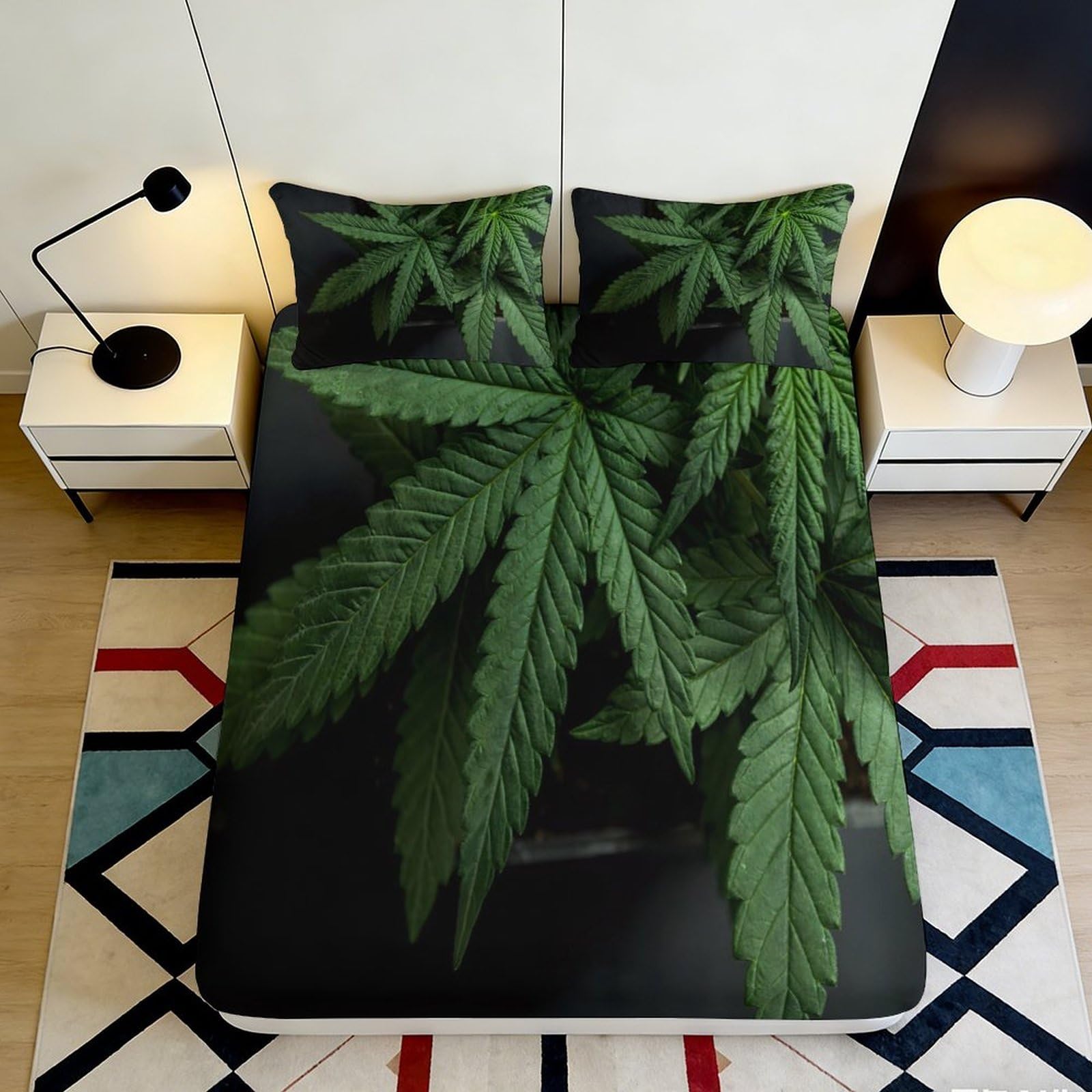 3D Printed Green Cannabis Leaf Fitted Sheet Microfiber Soft Breathable Marijuana Bed Cover for Bedroom Dorm Decor 90x200x25cm