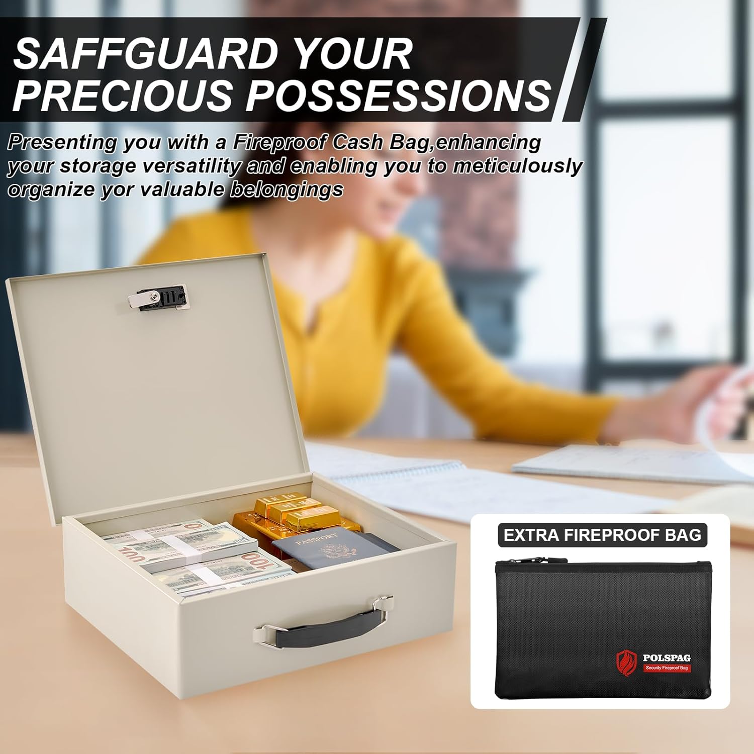 Fireproof Document Box with Key Lock & Fireproof Money Bag,Fire Safe Box for Valuables,Fire Resistance Security Chest,Fireproof Box for Documents,Passport Extra Large (White-Combination, Large)