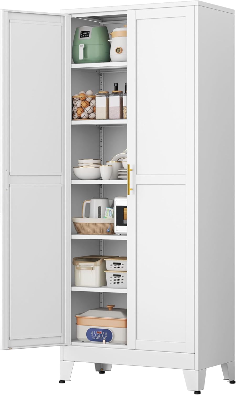 75” Tall Pantry Cabinet, Metal Kitchen Storage Cabinet with 2 Doors and 5 Adjustable Shelves, White Storage Cabinet Cupboard for Kitchen, Dining Room, Living Room and Bathroom (White)