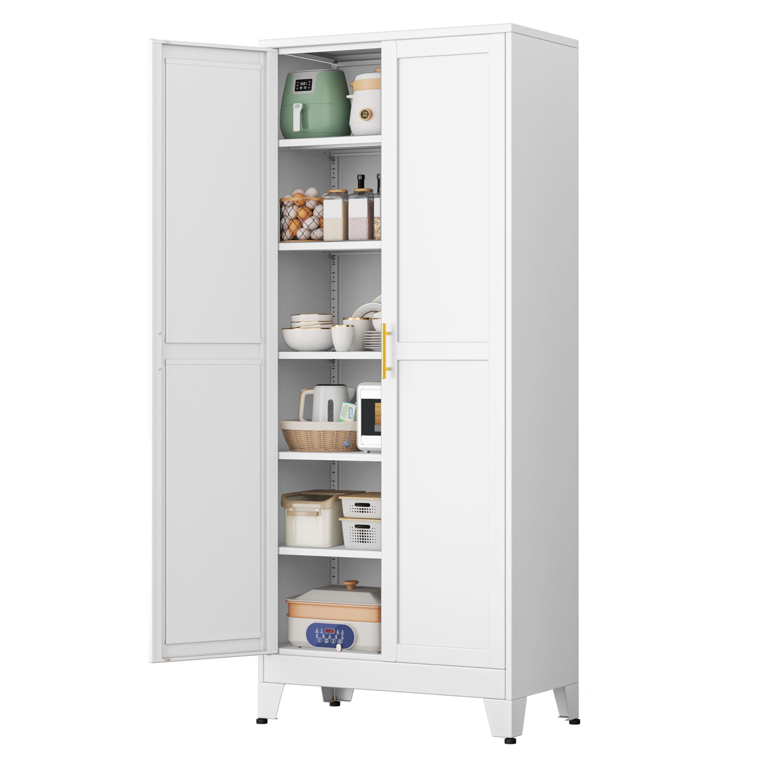 pozdeg 75” Tall Pantry Cabinet, Metal Kitchen Storage Cabinet with 2 Doors and 5 Adjustable Shelves, White Storage Cabinet Cupboard for Kitchen,