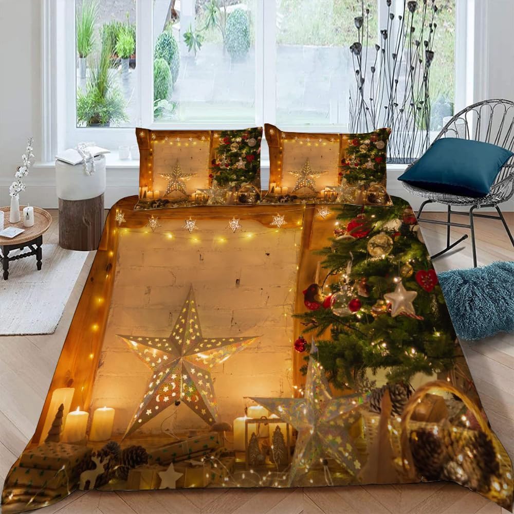 3D Printed Stars Double Bedding Set Microfibre Christmas Theme 3 Piece Duvet Cover Set Quilt Cover 200x200 cm with Zipper Closure and 2 Pillowcases for Double Bed D.3412