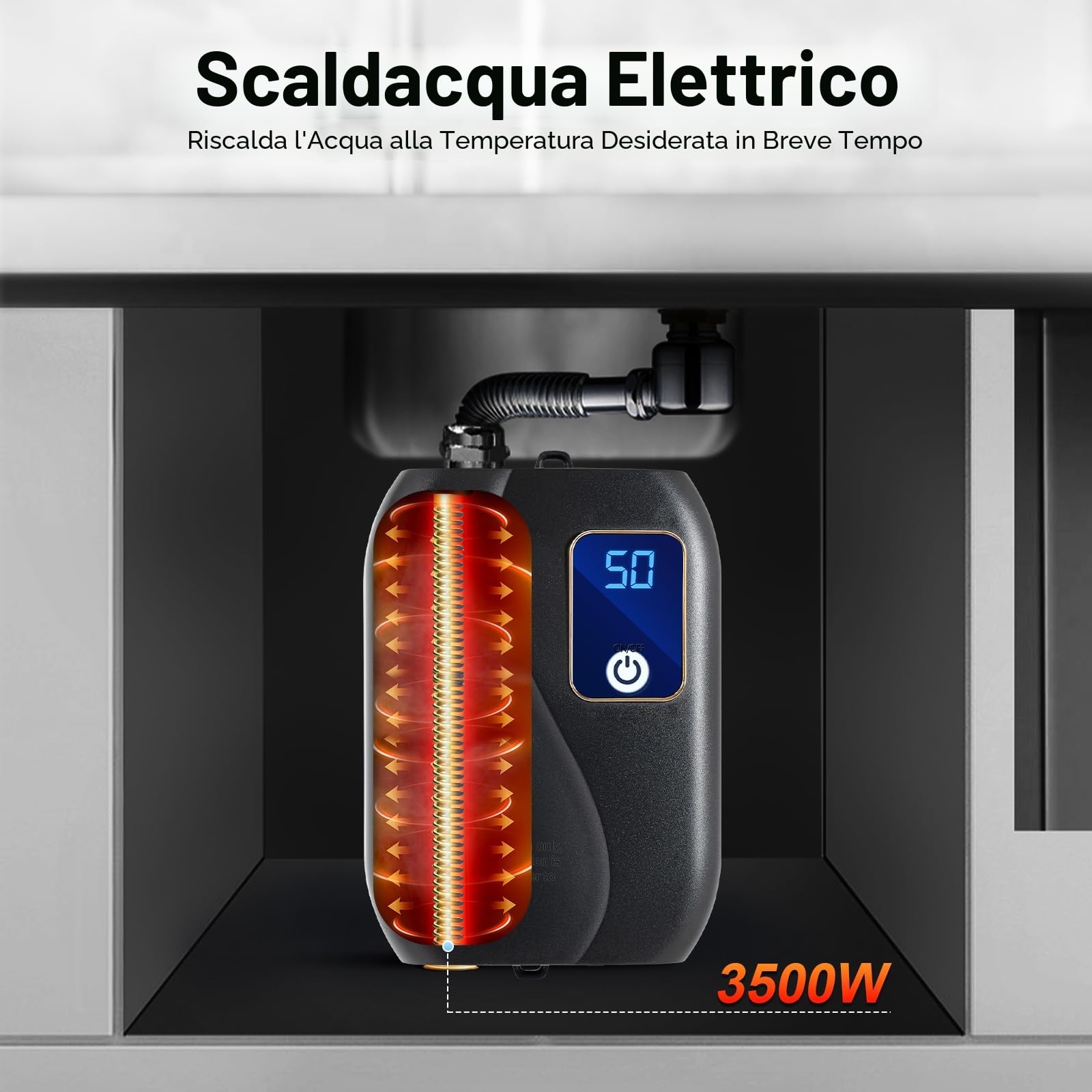 Scaldacqua istantaneo 230V, scaldacqua elettrico senza serbatoio, doccia elettrica istantanea senza serbatoio 3500W, per bagno e cucina, 25-50 °C