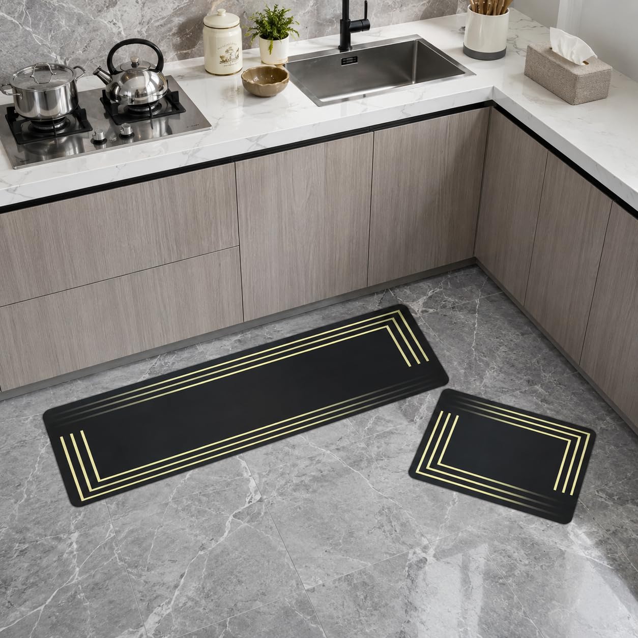 Dark Grey Yellow Kitchen Runner Rug Set - IXILUXE HOMES -7