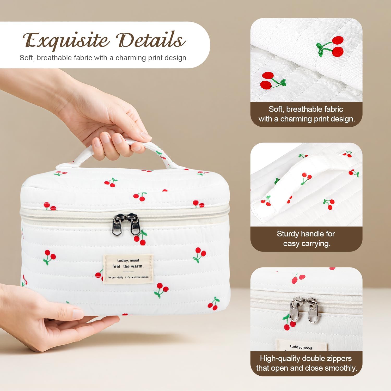 3Pcs Cotton Quilted Makeup Bag for Women Girls, Large Floral Cosmetic Bag Set Cute Makeup Brushes Aesthetic Accessories Storage Bag Cherry Travel Toiletry Bag Organizer - Image 4