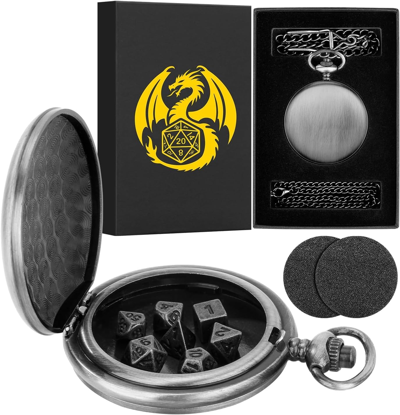 Mini DND Dice Set with Smooth Pocket Watch Shell Case, 7pcs Polyhedral Metal D&D Dice Accessories, DND Gifts with Box for Player, Role Playing Board Games Accessories, DND Gifts, Dark Silver