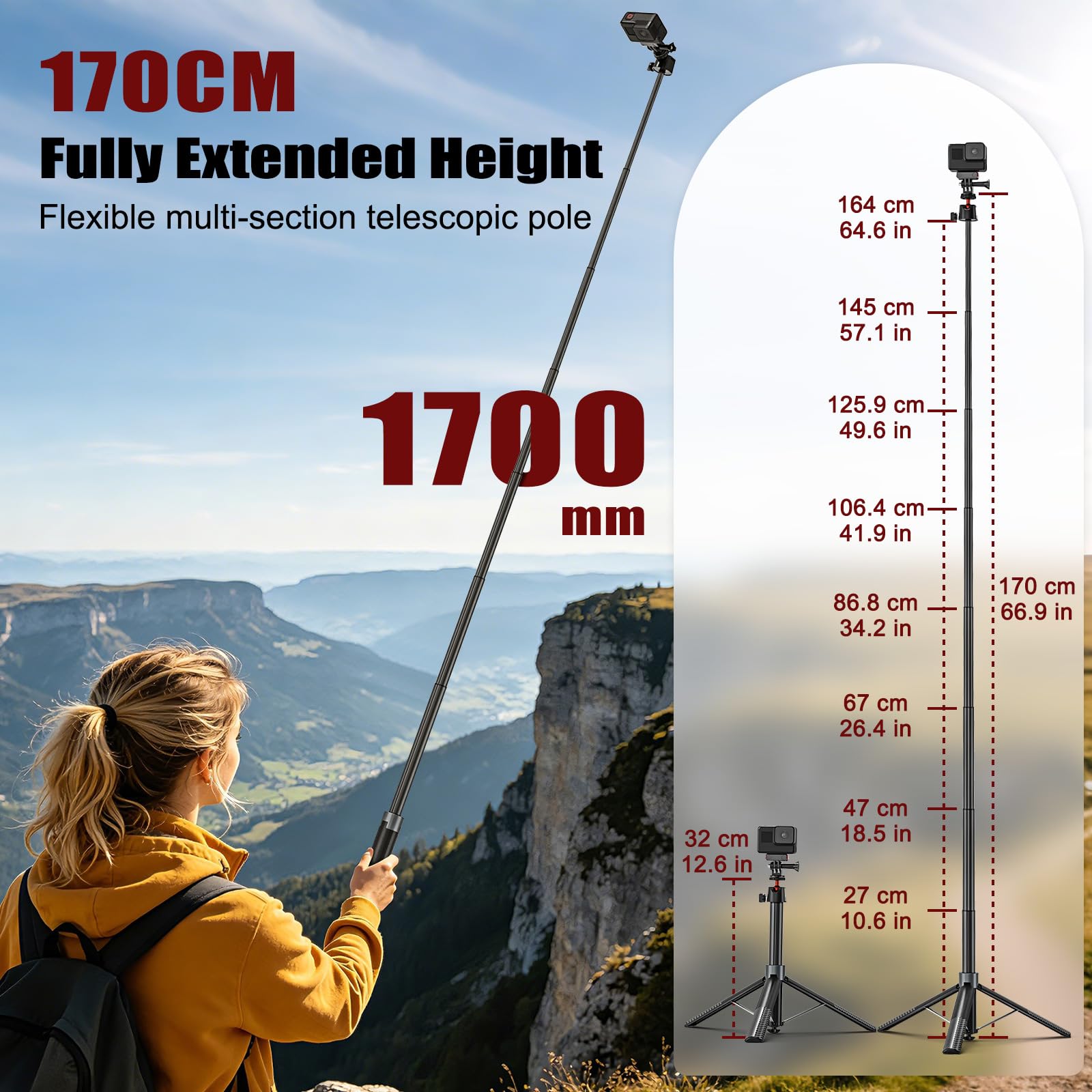 Bastone Selfie Treppiede 170cm per DJI Osmo Pocket 4 3 DJI Action 5 Pro/4 Insta 360 X5 X4 GoPro Hero 13/12/11/10 Black, Selfie Stick Treppiede da Viaggio/Supporto/Accessori 2-in-1 per Action Cam