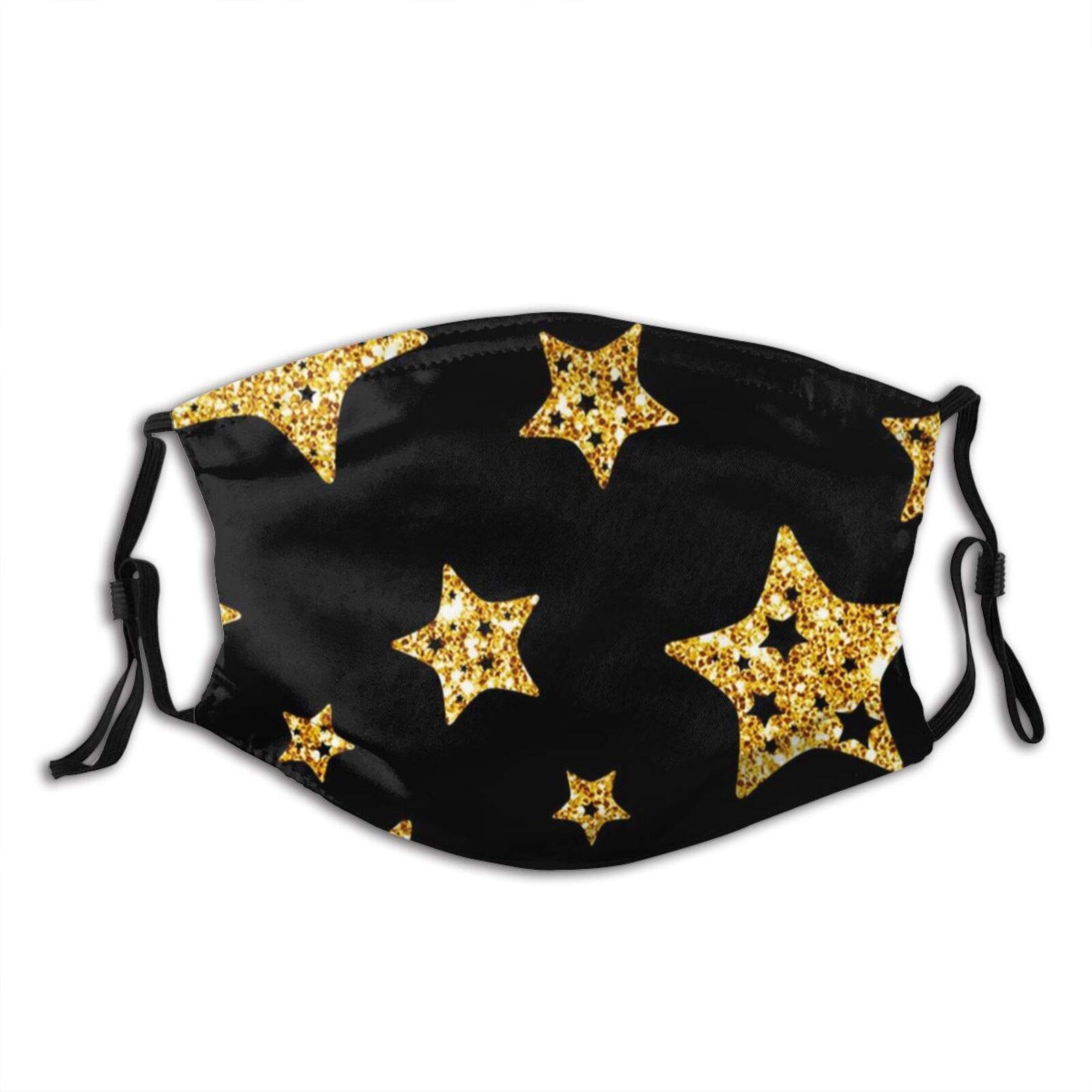 Black And Gold Stars Printed Face Mask With Filter Pocket Washable Reusable Face Bandanas Balaclava With 2 Pcs Filters