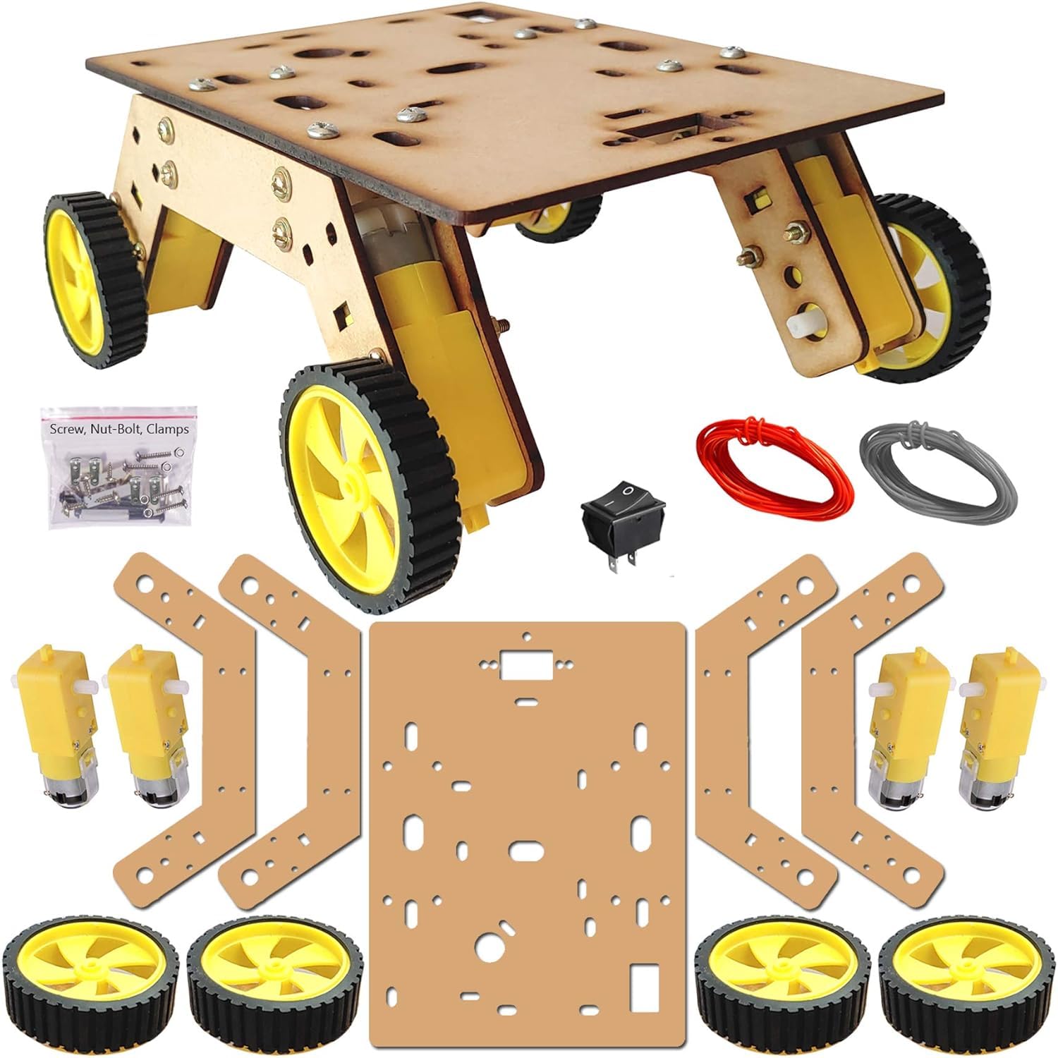 Smart Car Wooden Robot Chassis Kit 4WD with 4 BO Double Shaft Motors 4 Plastic Wheels Switch Wires Nut Bolts for Robotics DIY Projects UNO Compatible High Ground Clearance-image-23