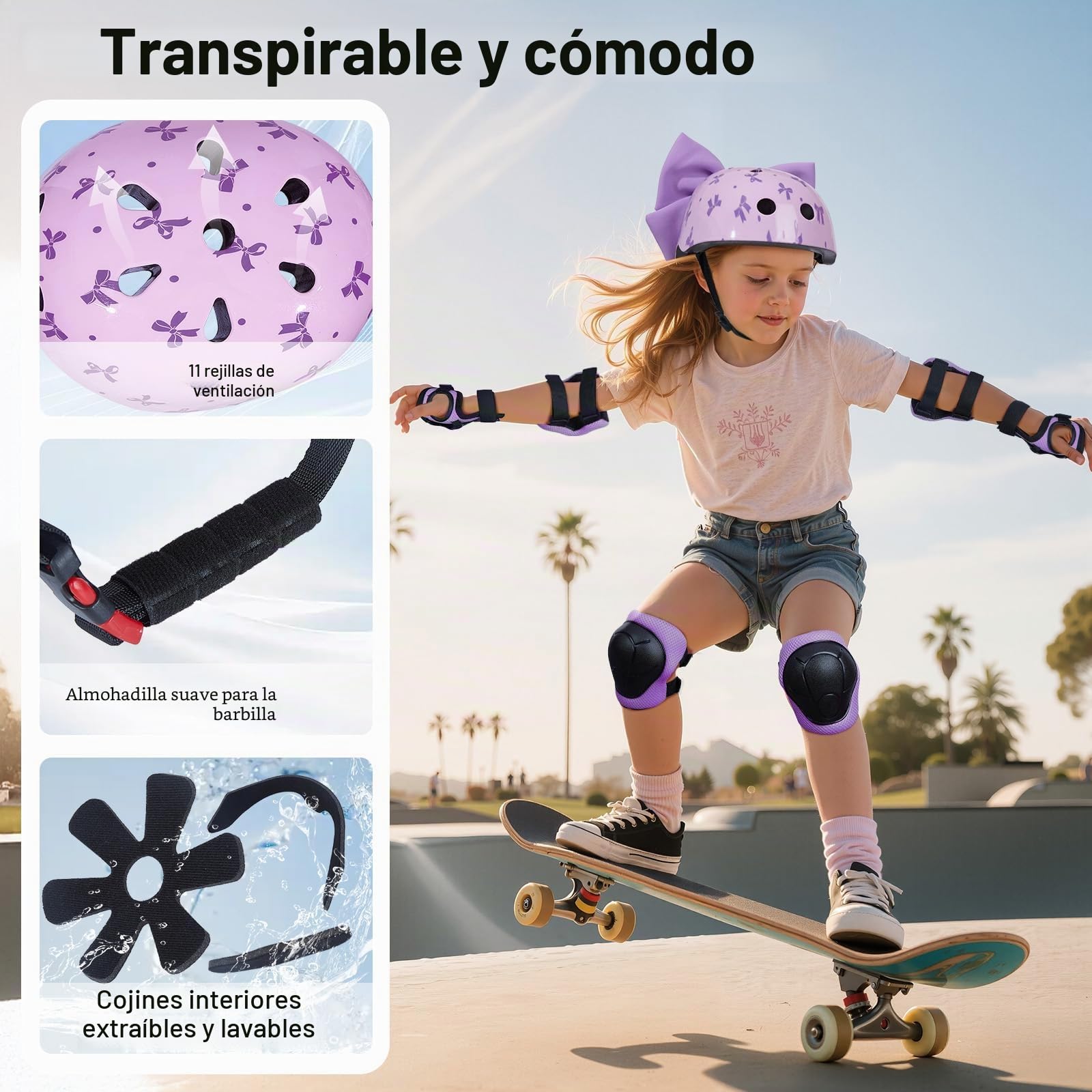 Juego de casco para niños de 3 a 8 a 14 años con rodilleras y coderas | Bonito casco de bicicleta para niñas con lazo de bricolaje, cascos ajustables para niños, para bicicleta, patineta, patineta