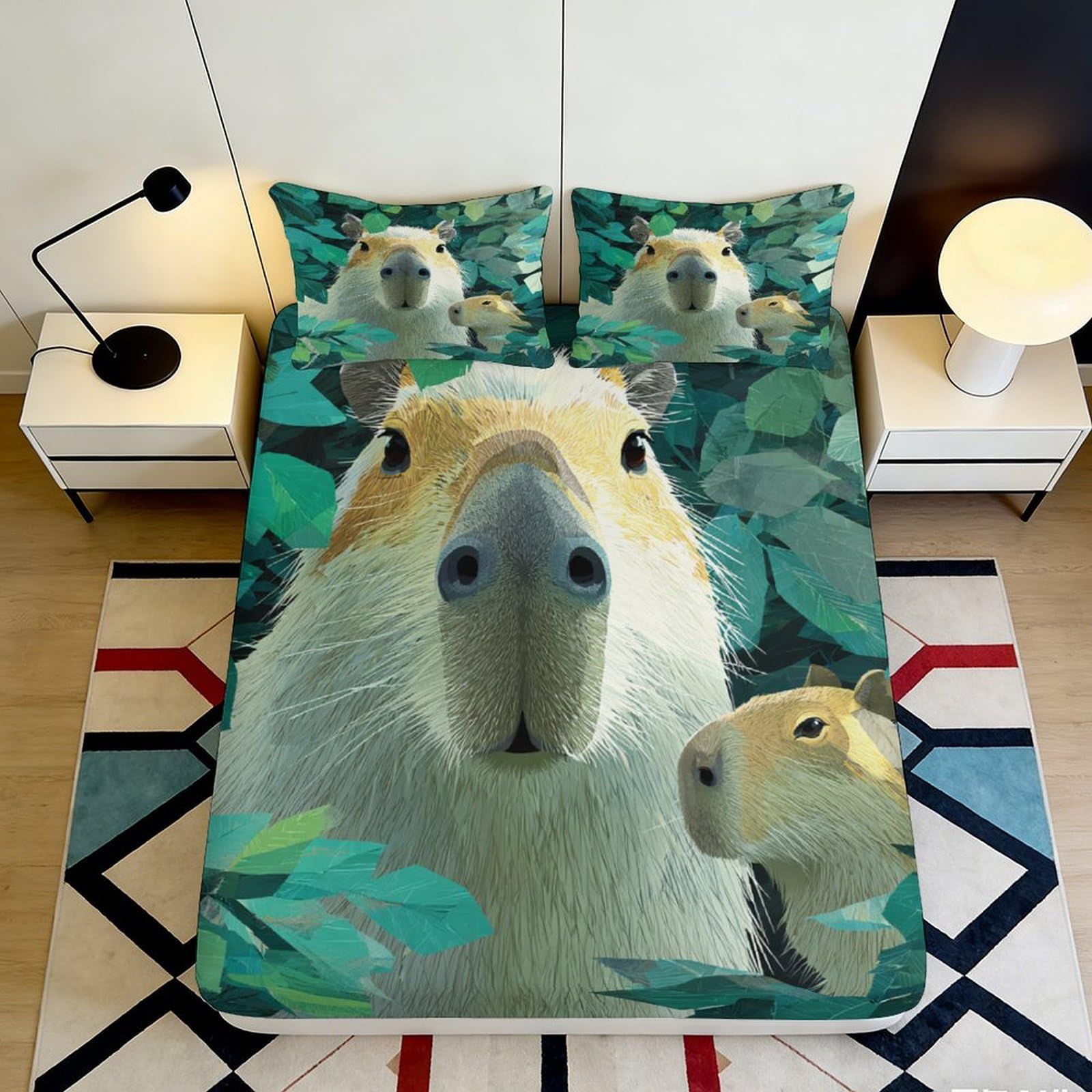 3D Printed Capybara Forest Fitted Sheet Microfiber Cartoon Animal Mattress Cover Washable Bedroom Dorm Decor 90x200x25cm