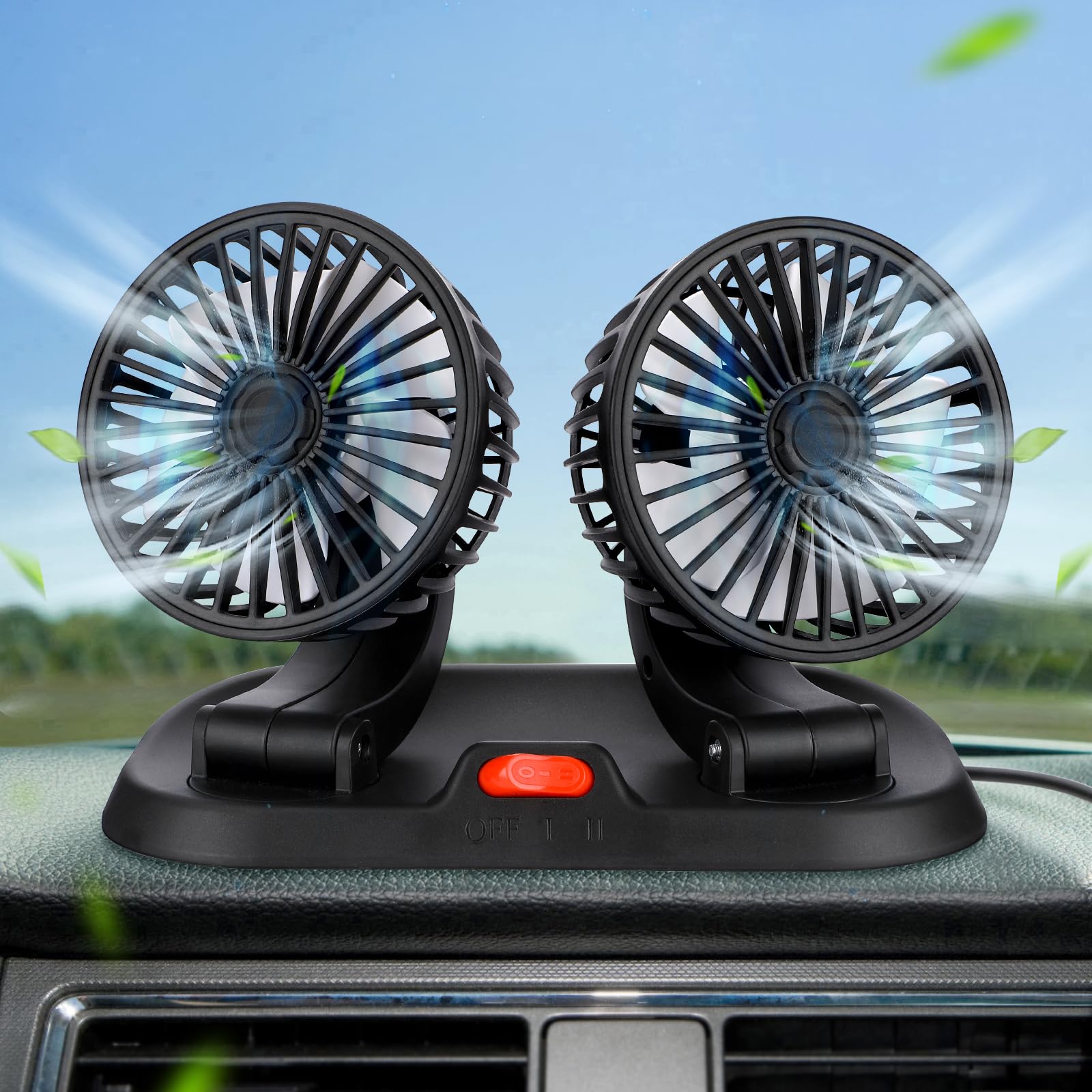 Ventilateur Double Têtes 5V USB Ventilateur de Véhicule Ventilateur de Bureau, Rotation à 360 Degrés Ventilateur de Refroidissement Avec 2 Vitesses, Ventilateur portable Voiture pour Bureau Maison