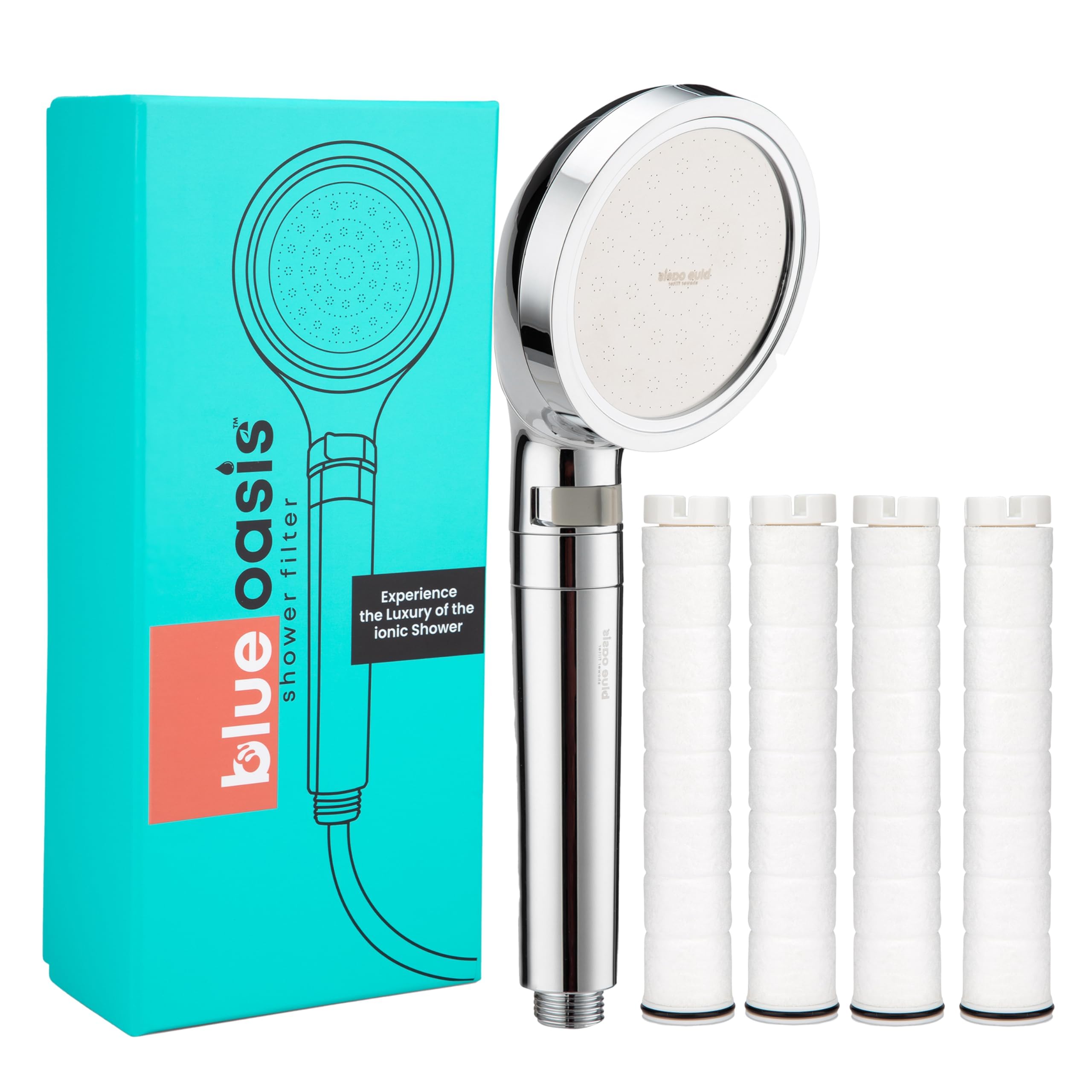 Blue Oasis Ionic Shower Filter & Shower Head TUV 99% Certified KDF-55 & Carbon Fiber Technology Removes Chlorine & Hard Water Spa-Like Skin & Hair Care (Chrome)
